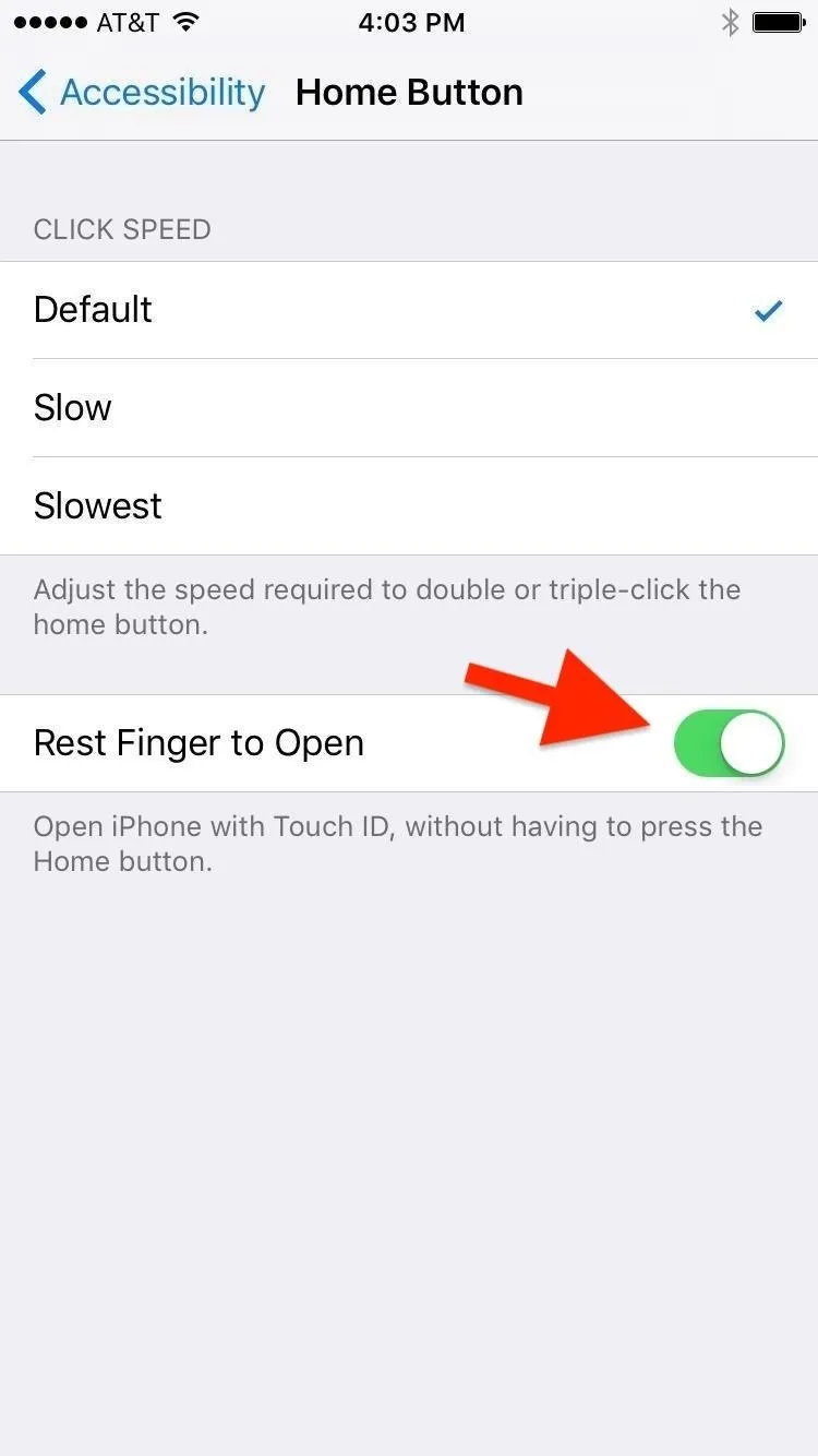 Accessibility settings for home button with toggle option for "Rest Finger to Open" highlighted.