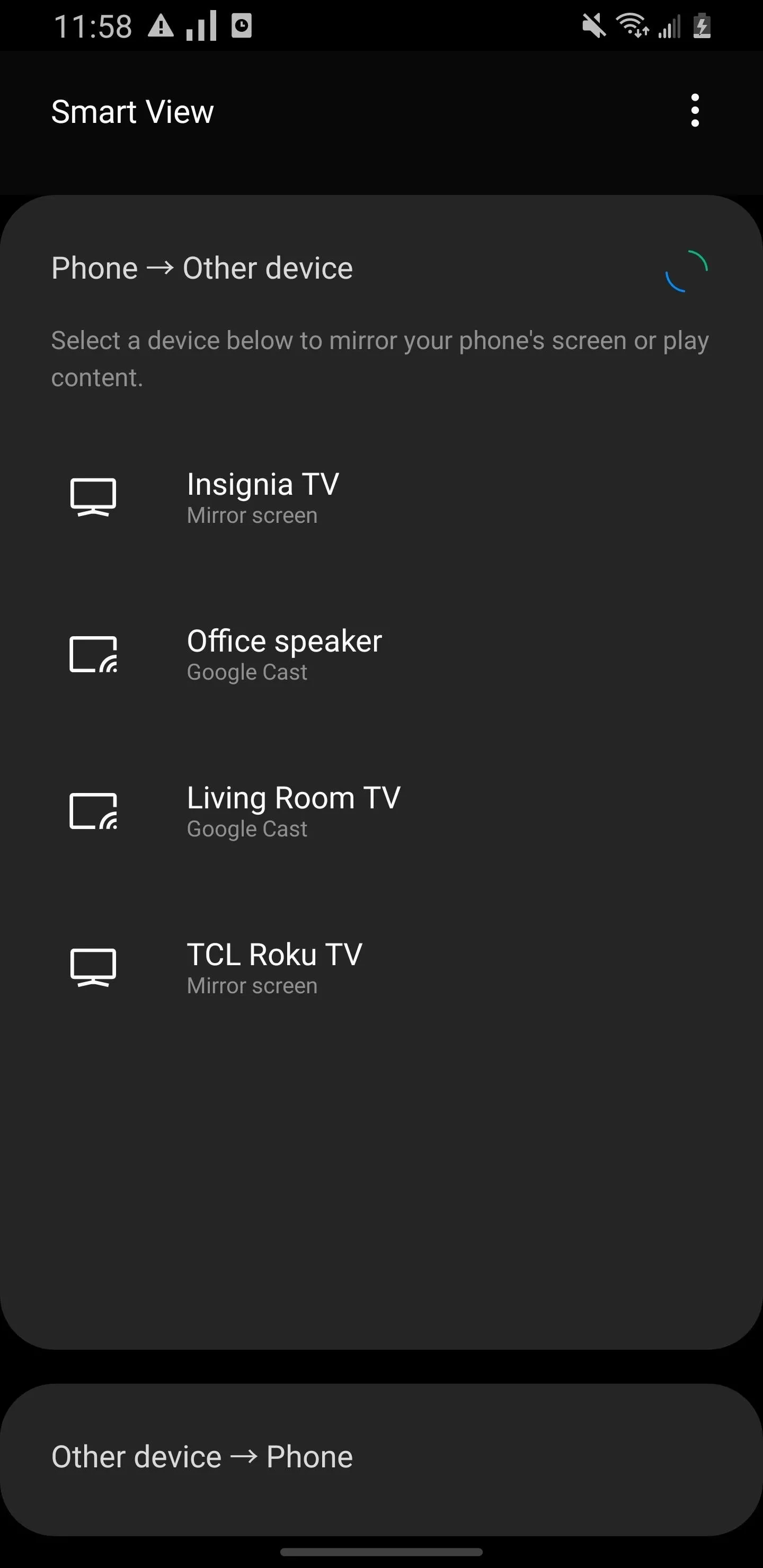 Screen displaying device selection options for casting or streaming content.