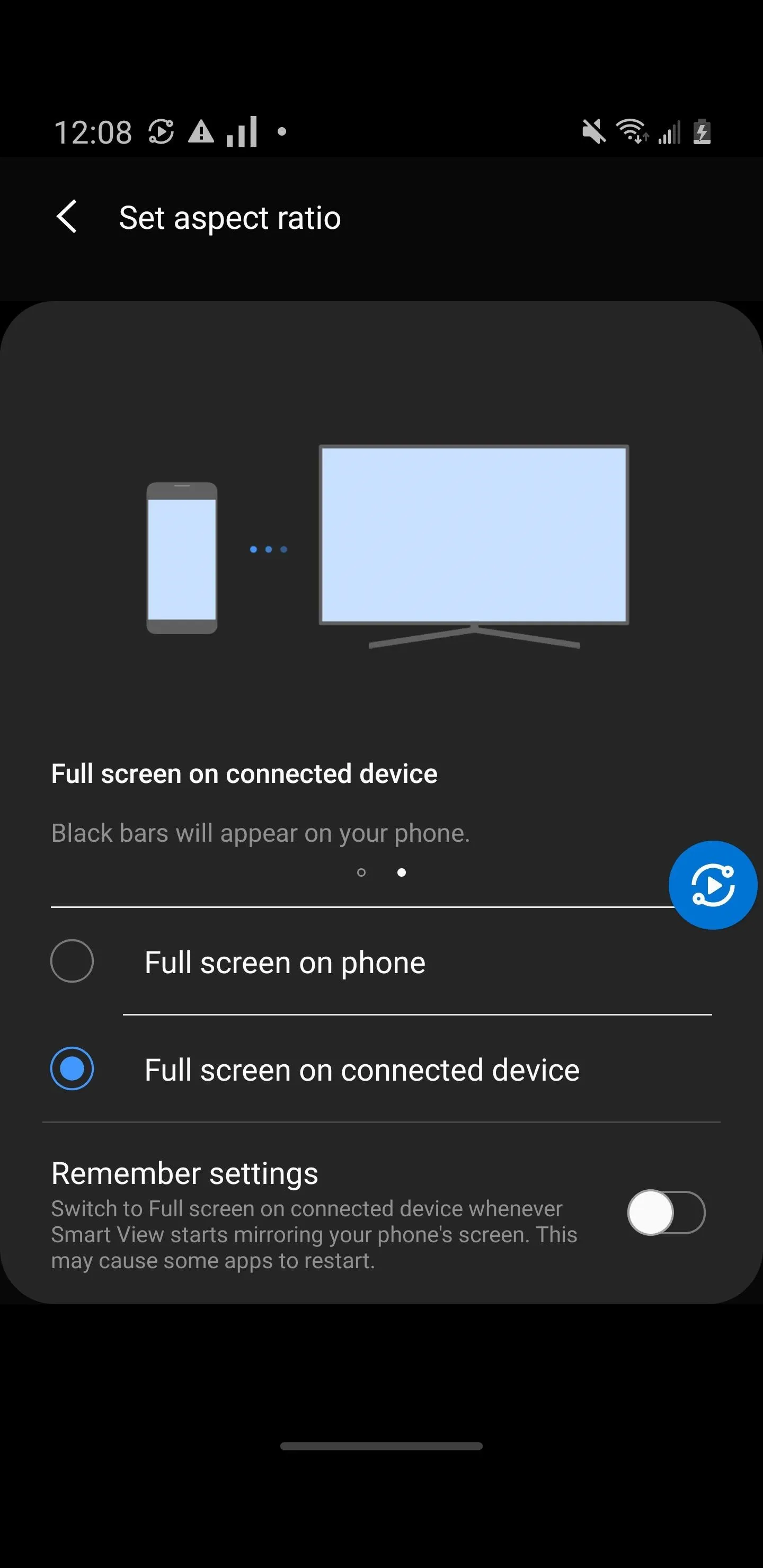 Settings menu displaying options for full screen on various devices.