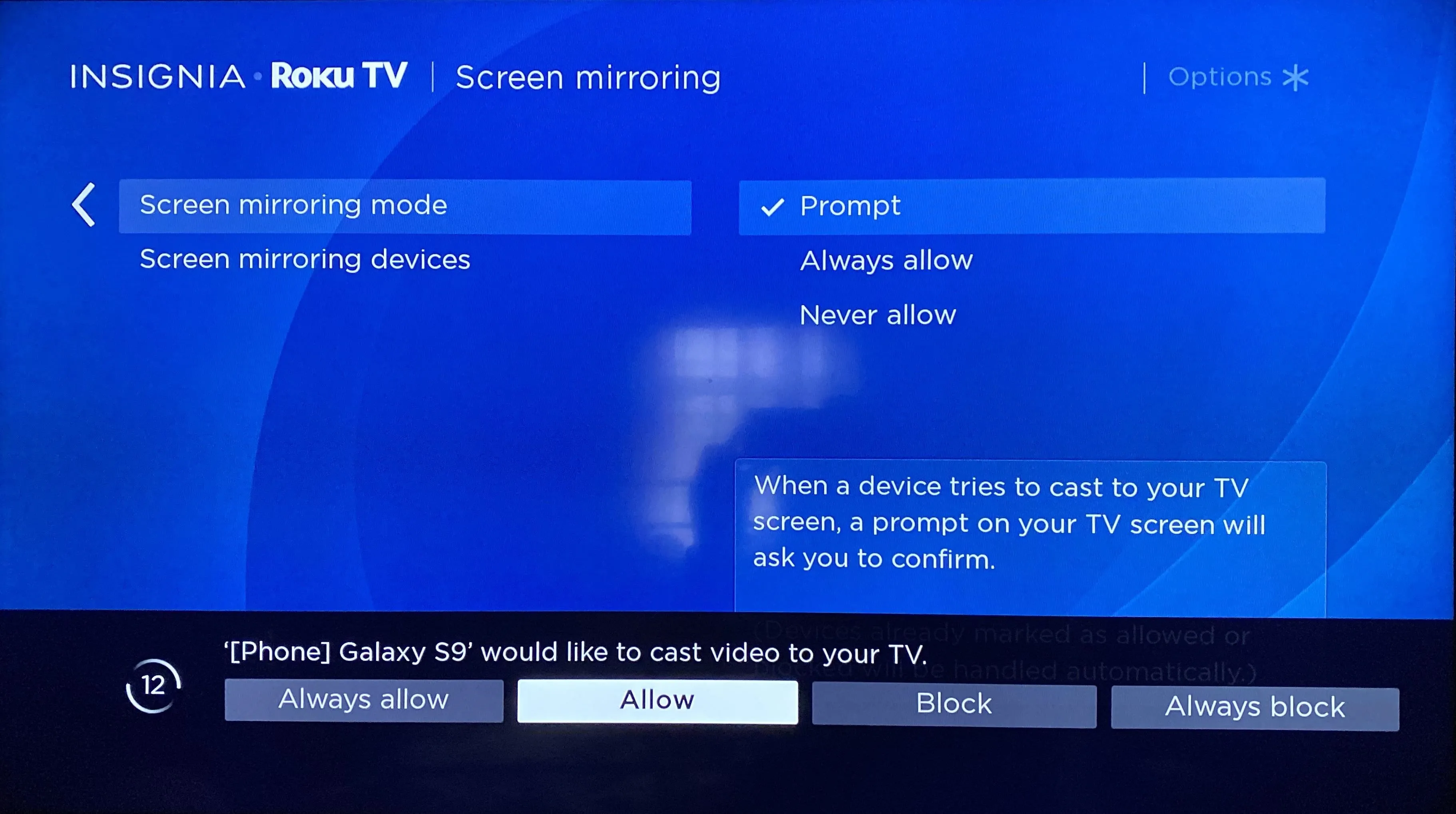 Screen mirroring settings on Insignia Roku TV