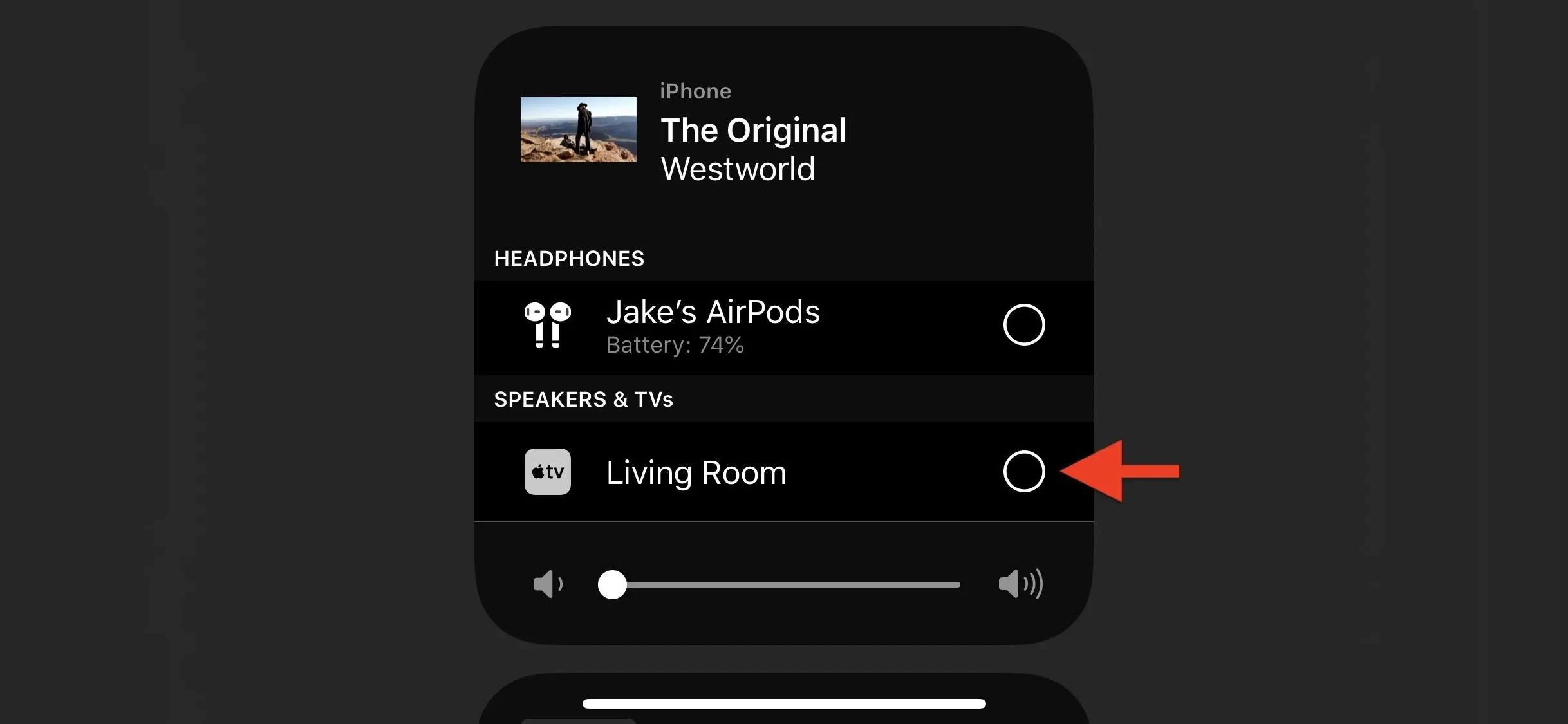 Music playback interface showing "The Original Wastwoods" with options for connecting to devices including "Living Room."