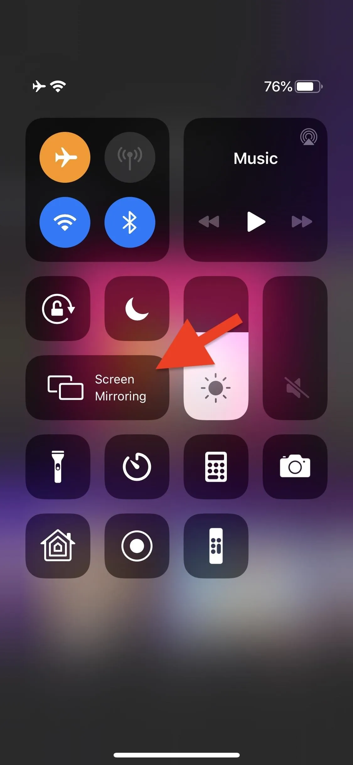 Smartphone control center displaying various settings options.