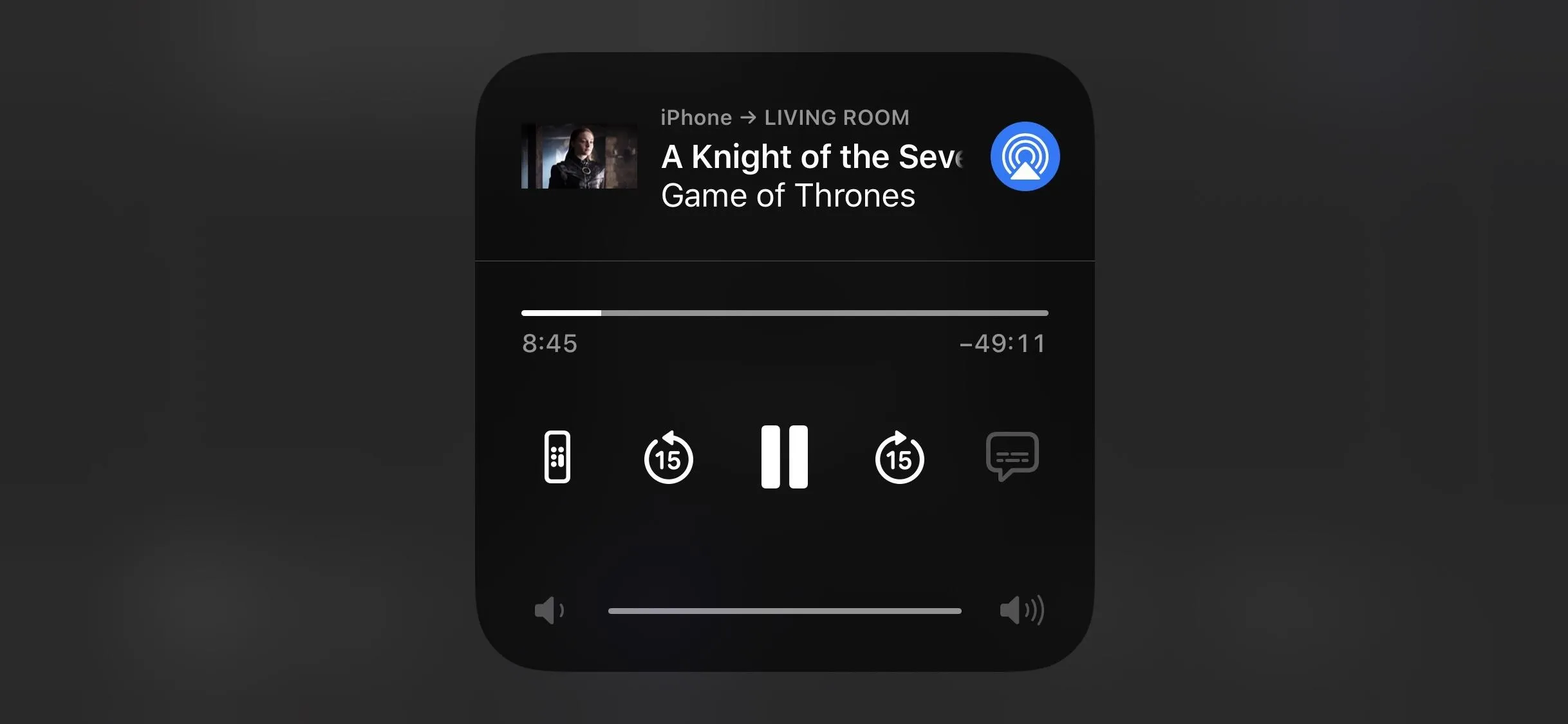 Media player displaying "A Knight of the Seven Kingdoms" from Game of Thrones with playback controls.