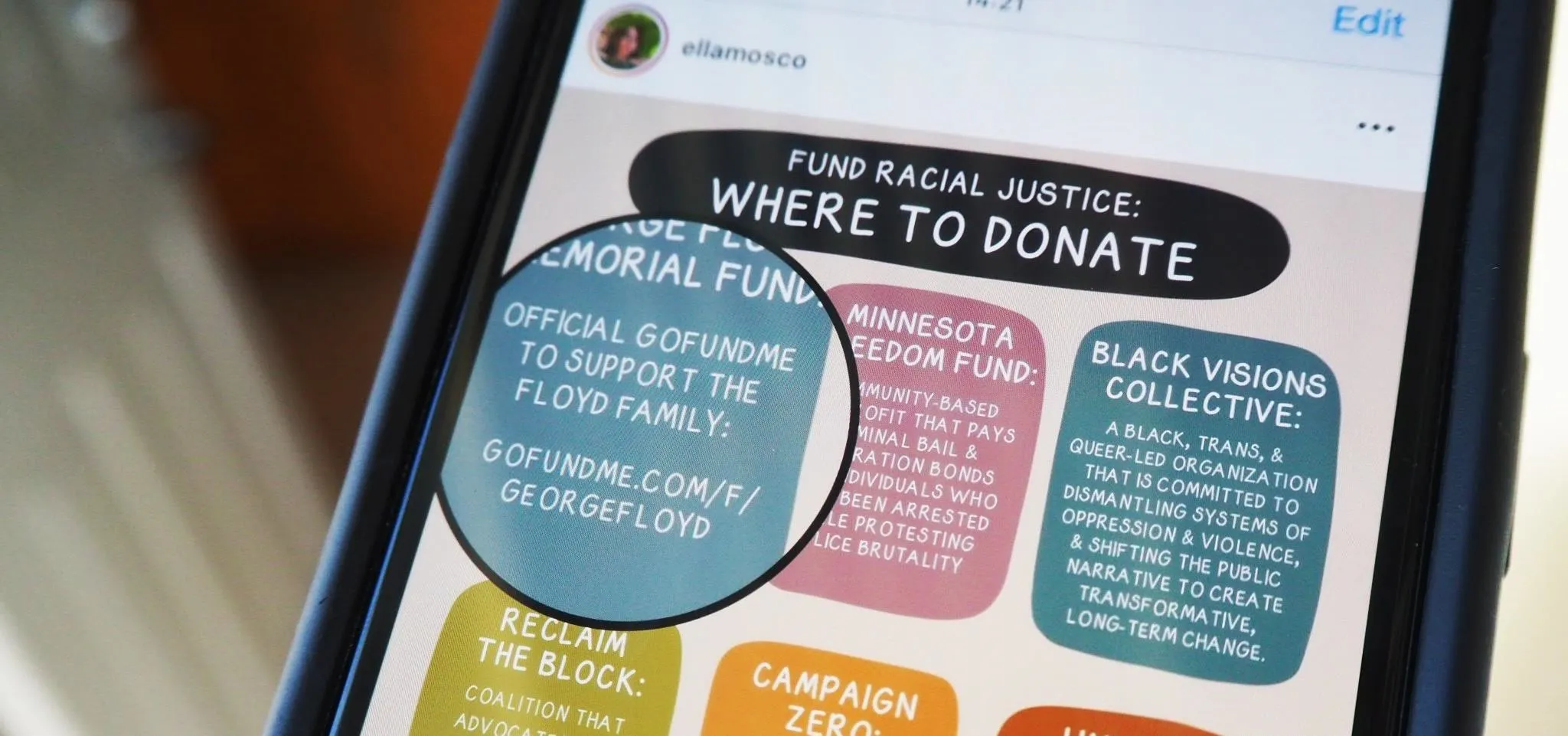 Fundraising graphic highlighting where to donate for racial justice.