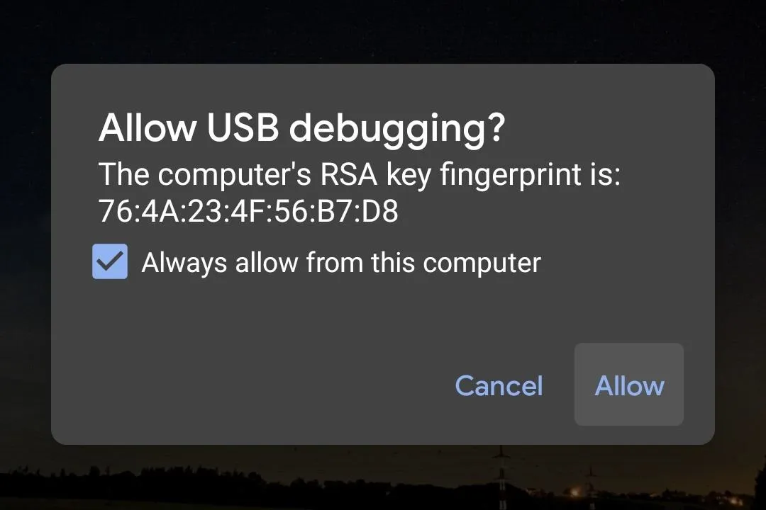 USB debugging alert with RSA key fingerprint information.