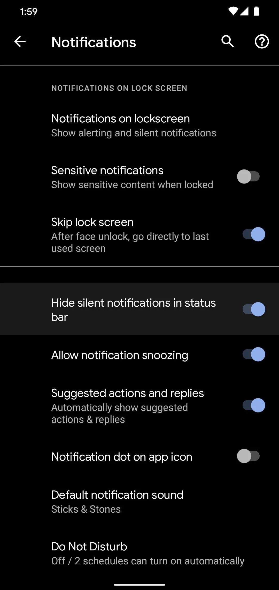 Notifications settings interface on a mobile device.