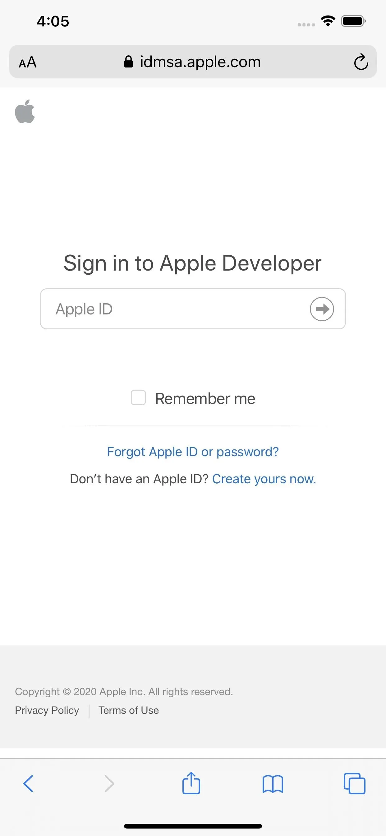 Sign in page for Apple Developer with fields for Apple ID and password.