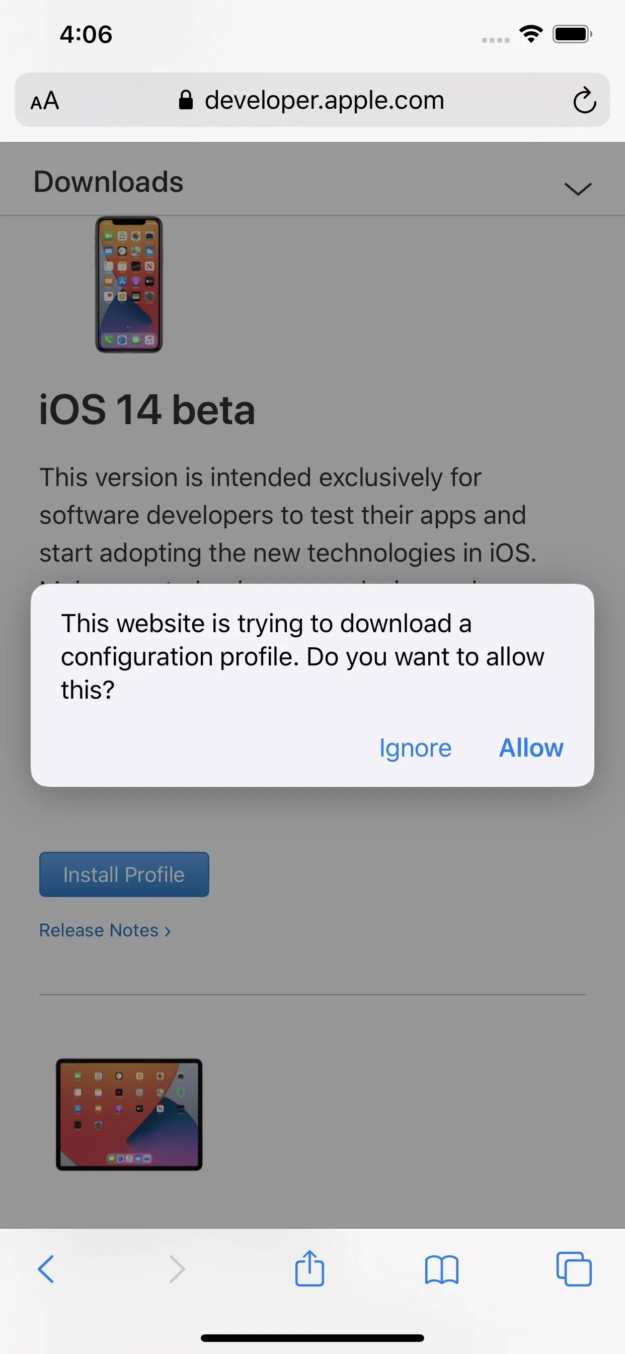 iOS 16 beta update notification on a mobile device.