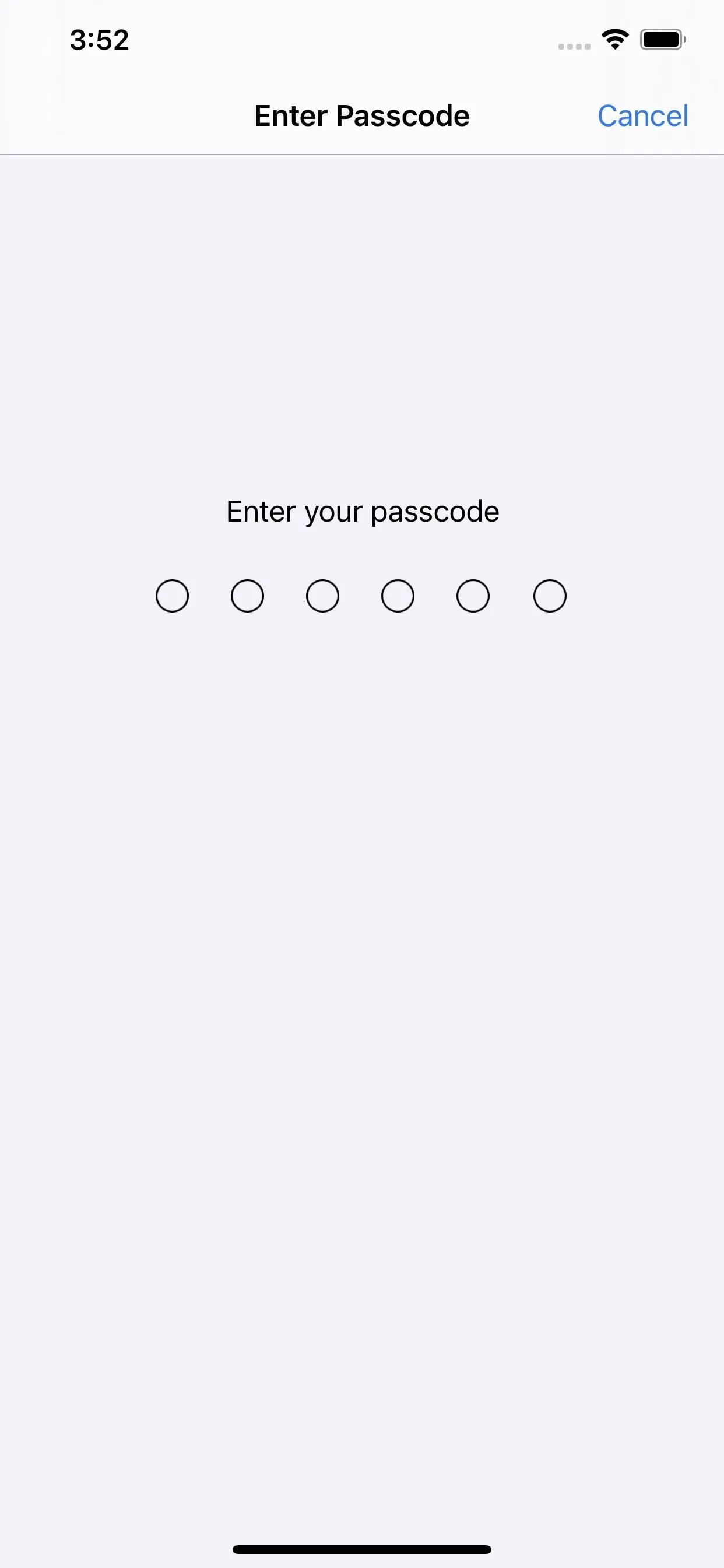 Create password interface on a mobile app with six input dots.