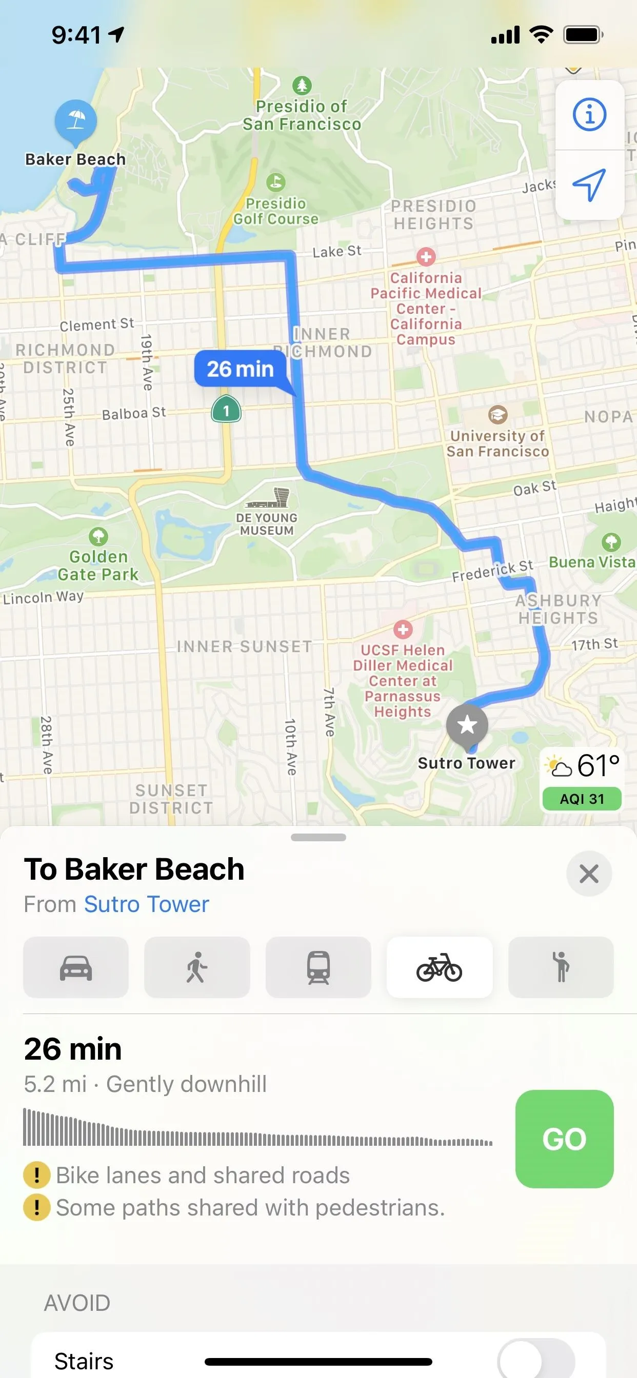 Directions to a beach location on a mobile map application.