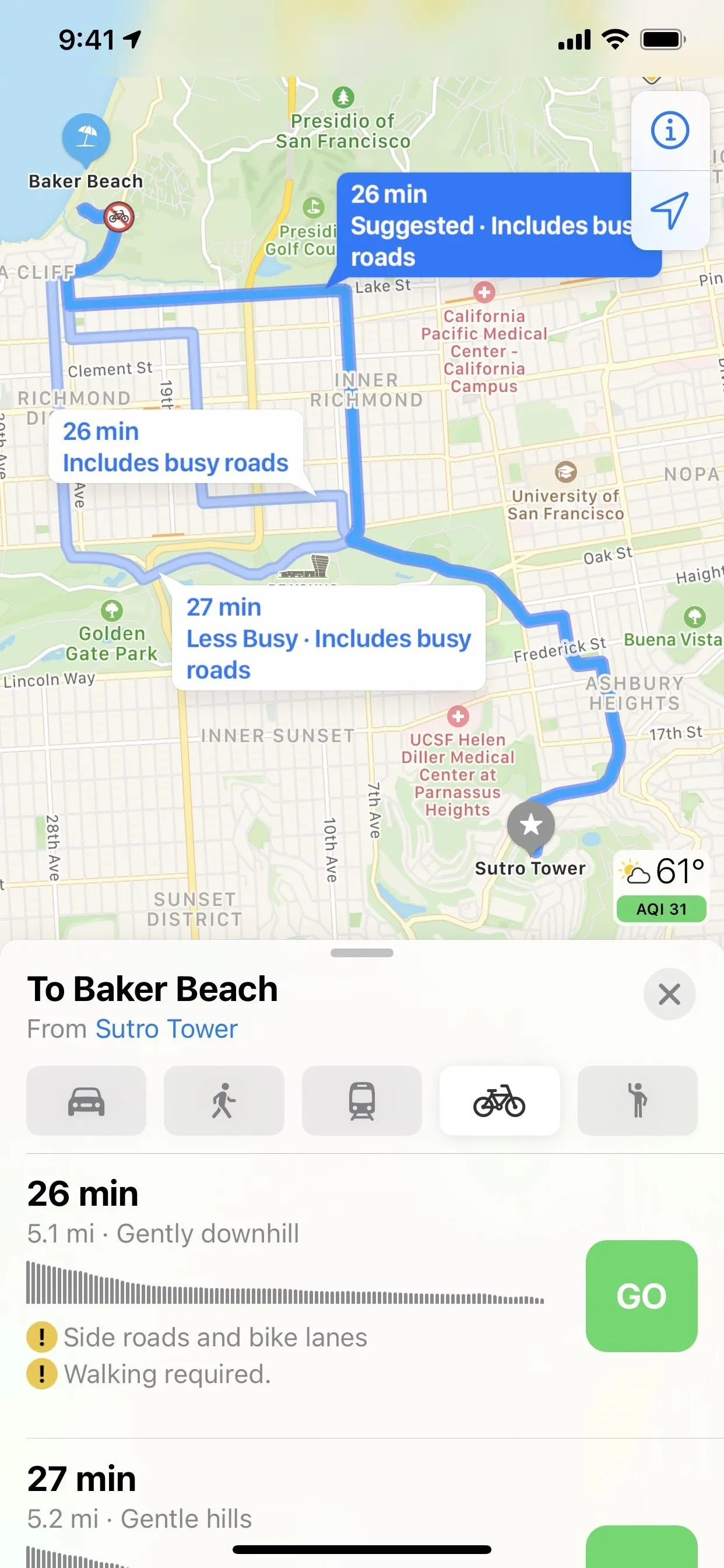 Map showing directions to a location with estimated travel time and distance.