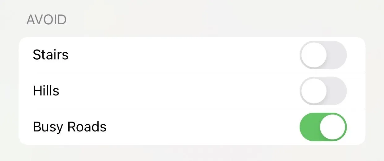 Toggle switch labeled 'Busy Roads' with options to avoid stairs and hills.