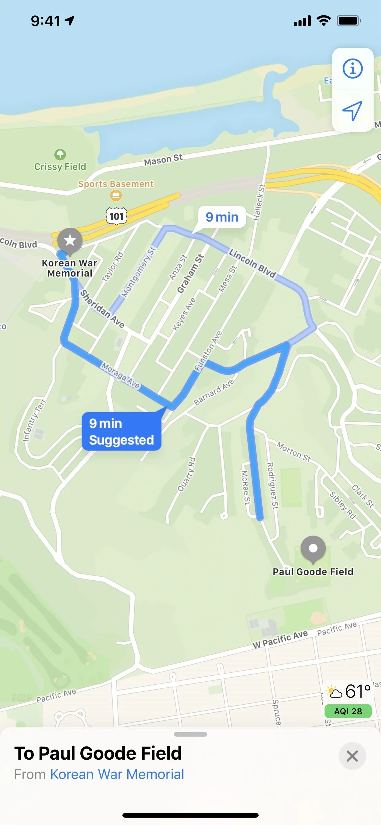 Route navigation map with highlighted directions to a location.