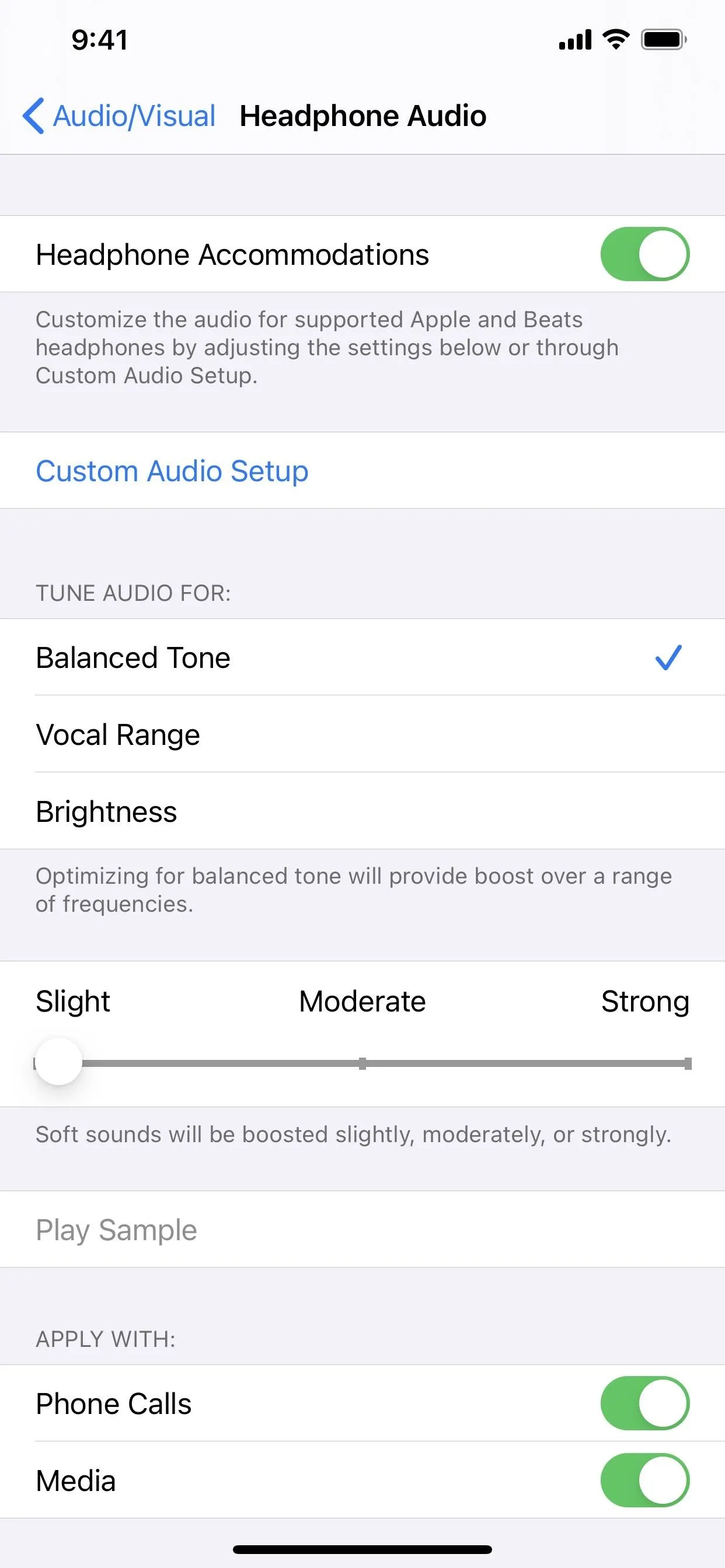 Audio settings menu for headphones with accessibility options.