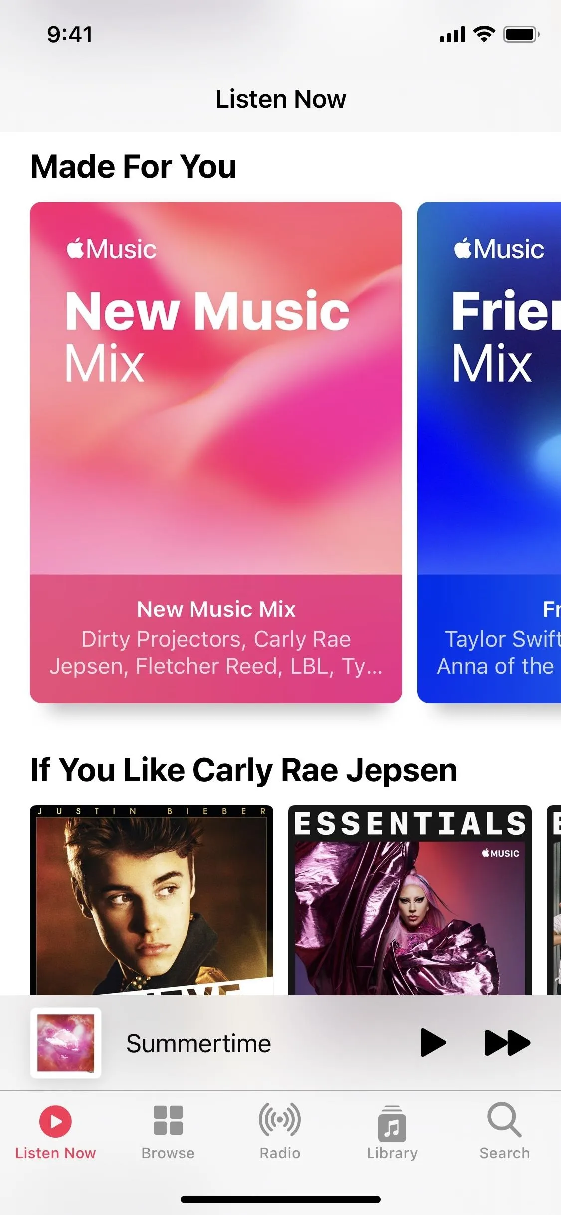 Apple Music interface showcasing personalized music mixes and recommendations.