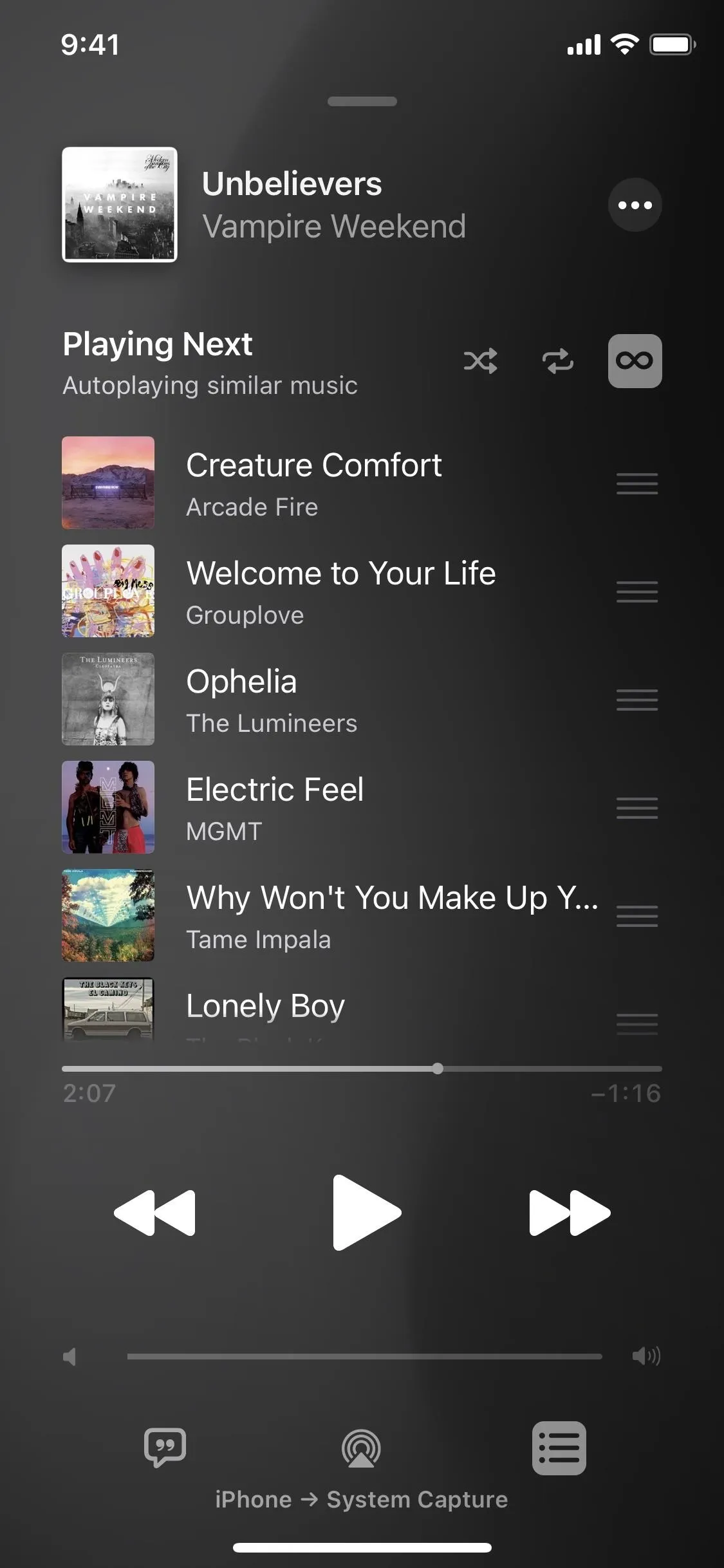 Playlist interface featuring various song titles.