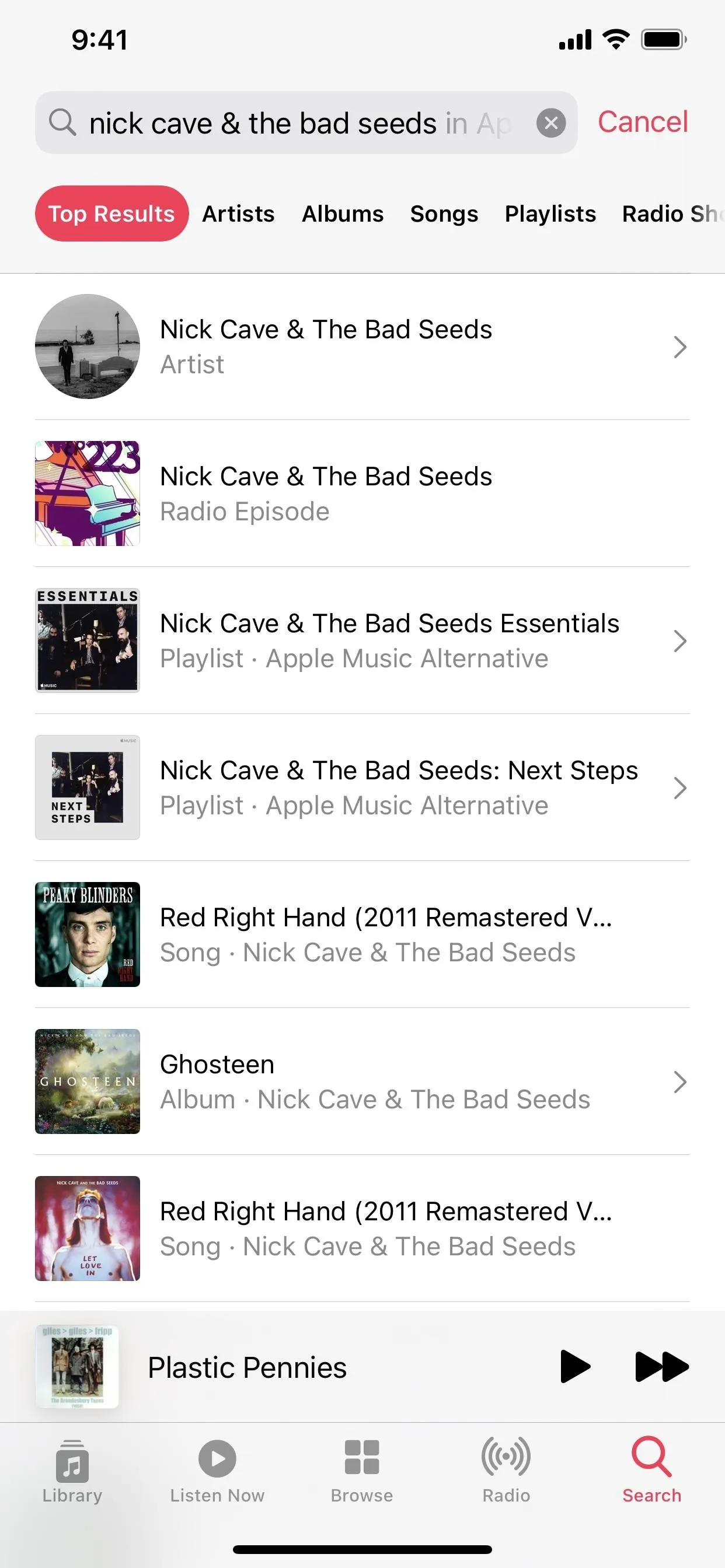 Playlist titled "Nick Cave & The Bad Seeds" featuring various songs by the artist.