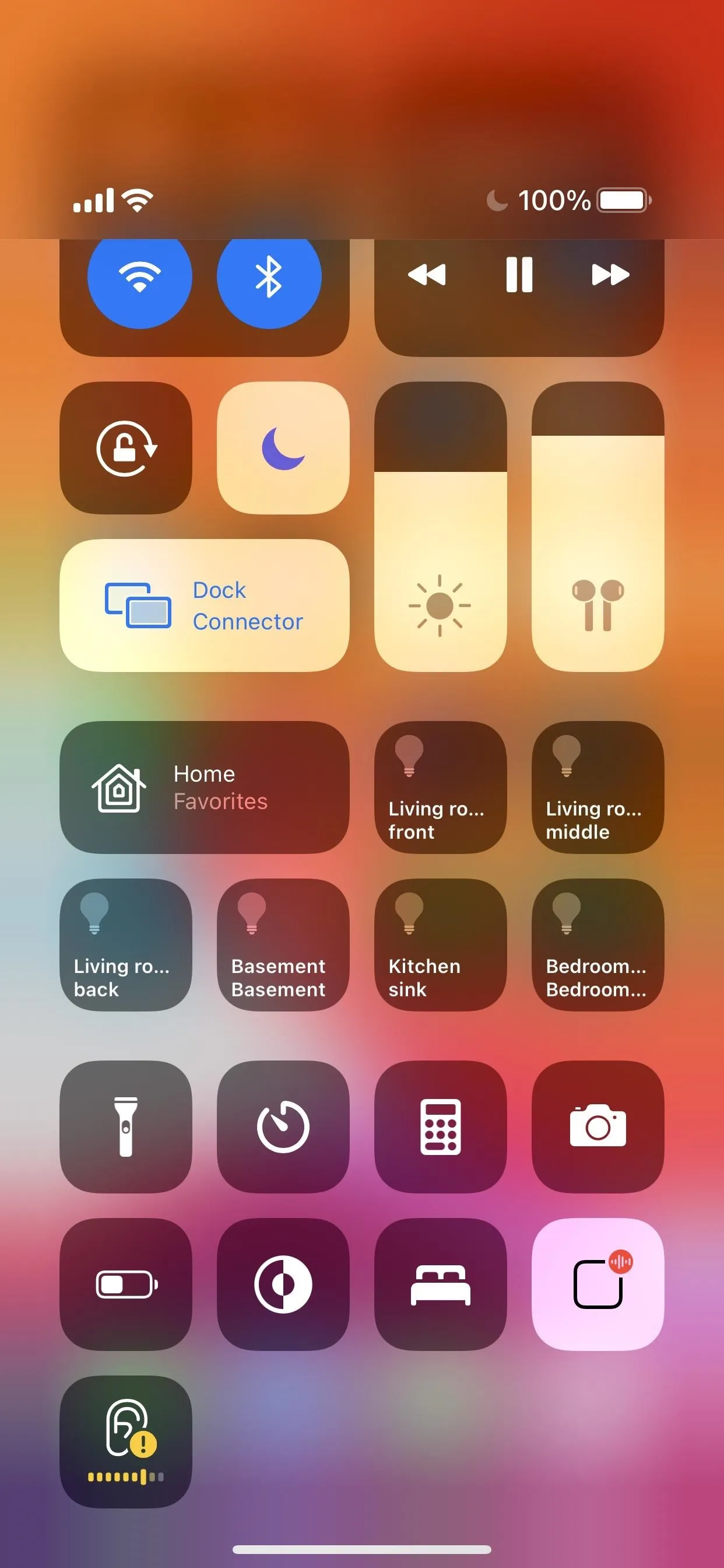 Smartphone control center interface displaying various settings and notifications.