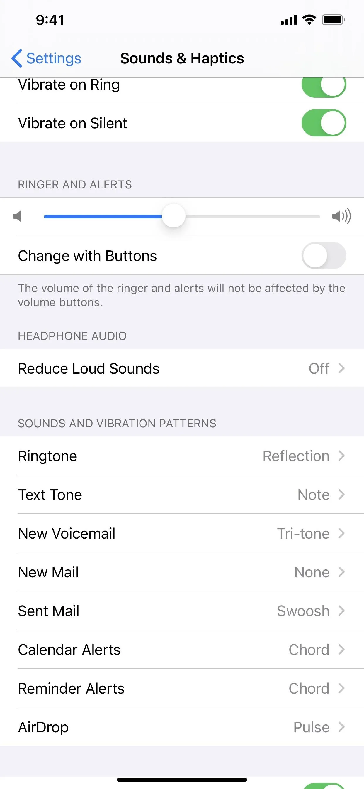 Sound and Haptics settings on a mobile device.