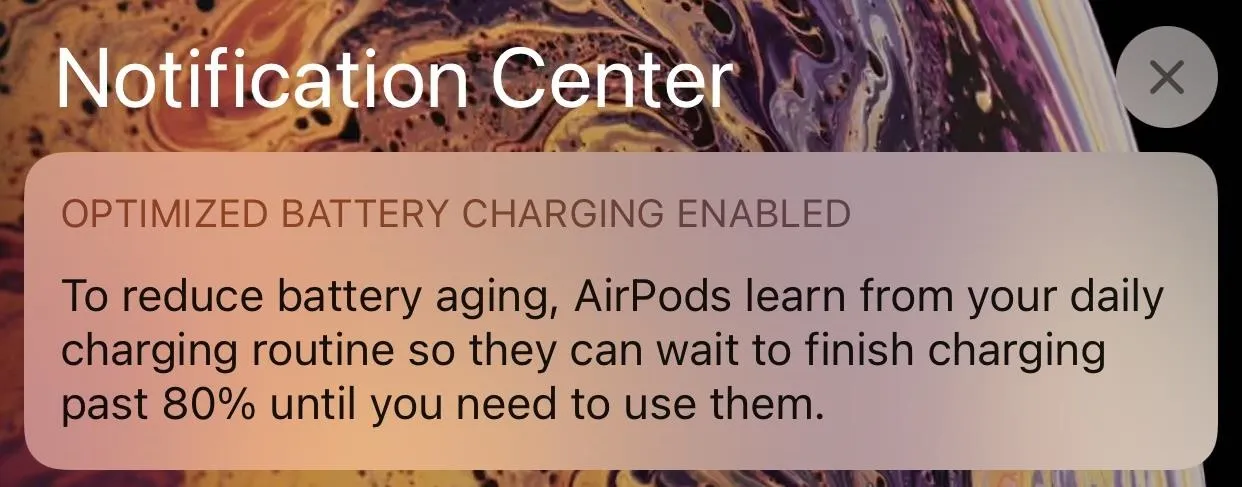 Notification about optimized battery charging for AirPods.