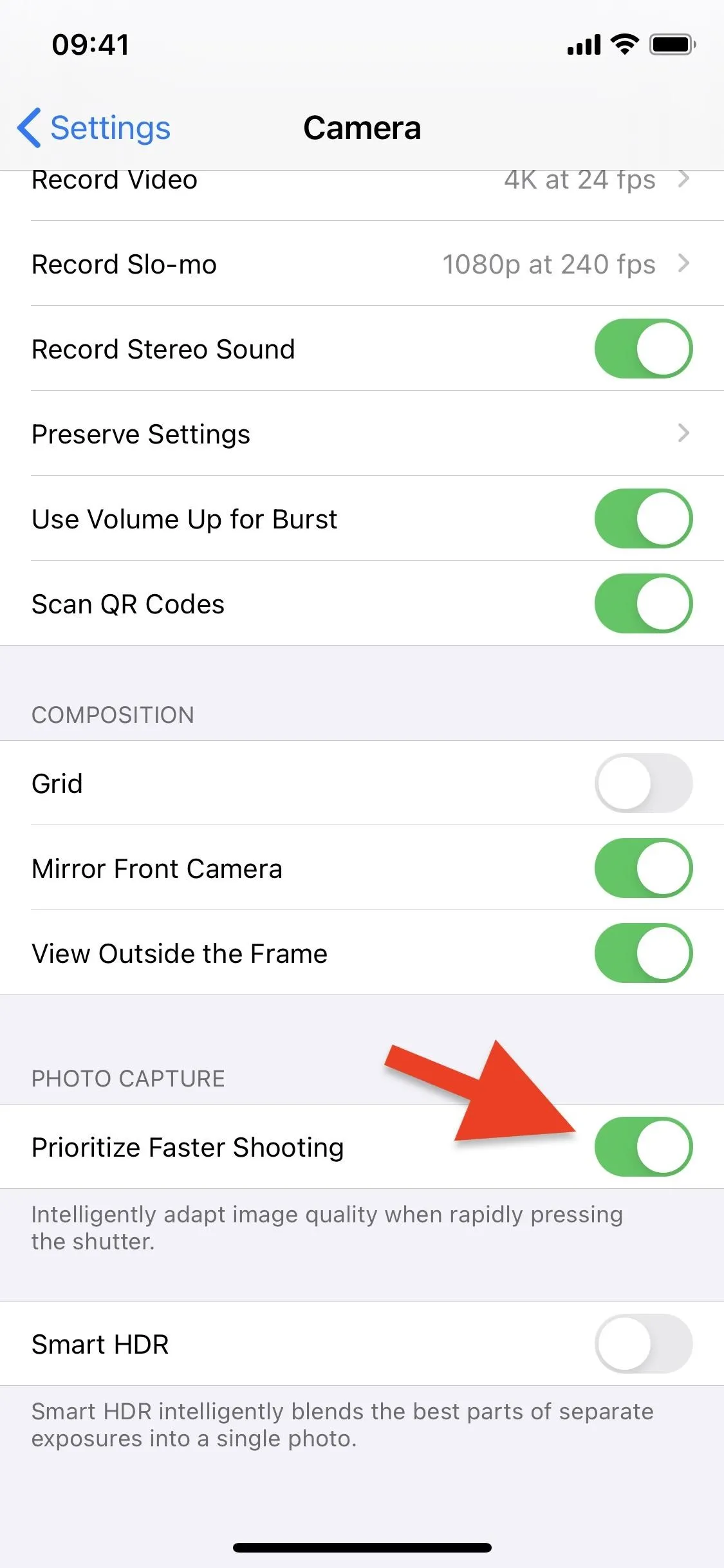 Camera settings menu with options for recording videos and enabling features like HDR and grid.