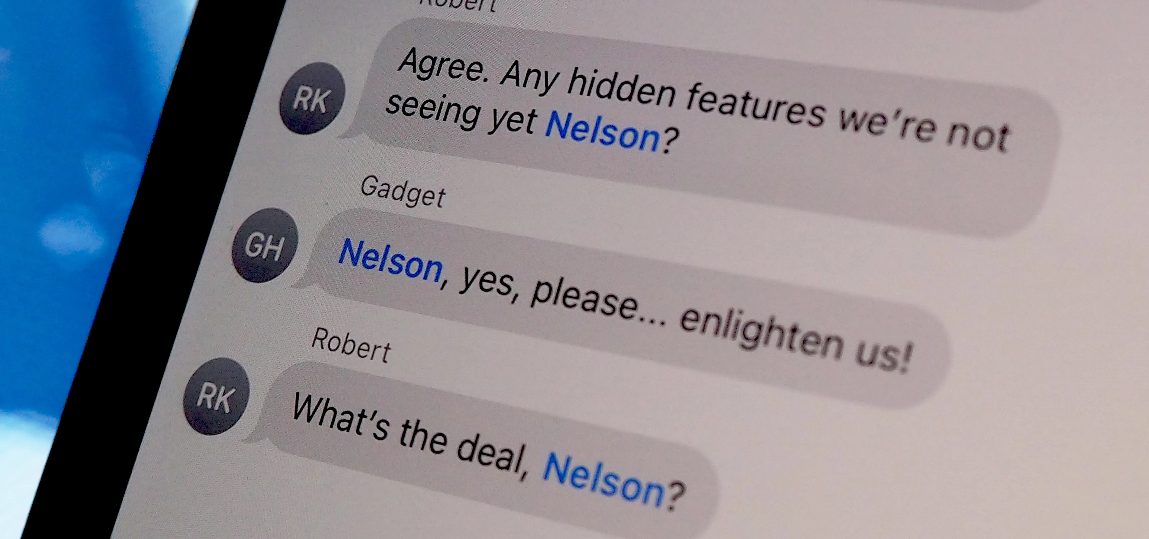 Chat conversation referencing hidden features and asking for more information from a user named Nelson.