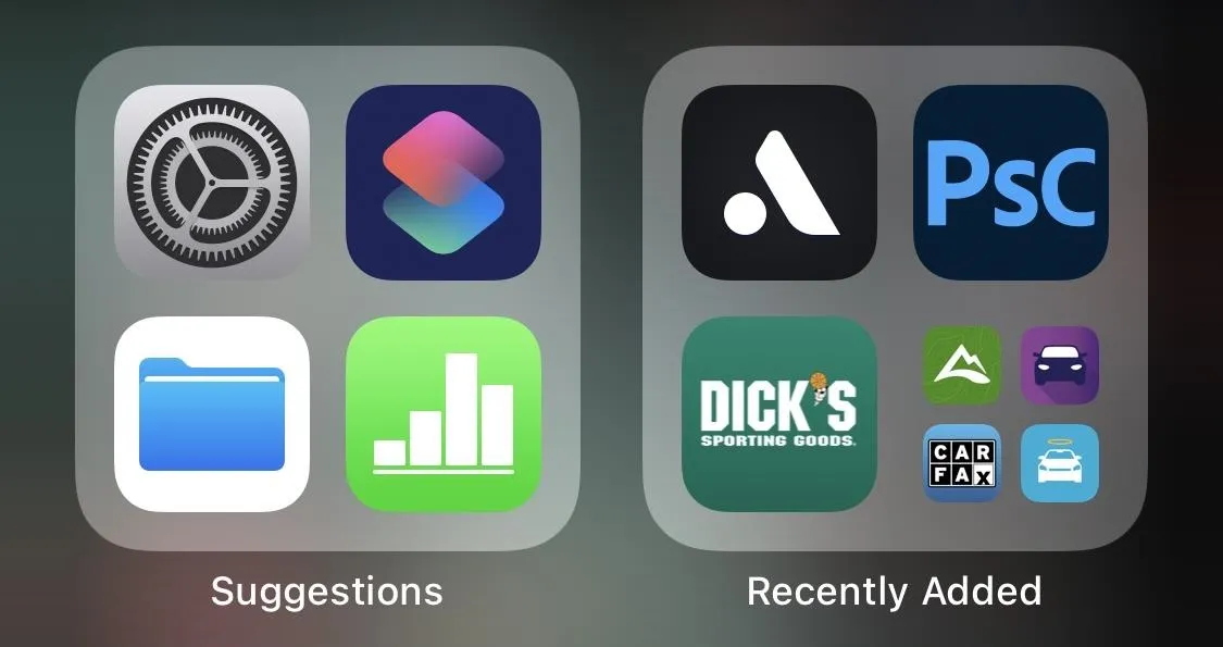 App icons organized into "Suggestions" and "Recently Added" folders on a device screen.