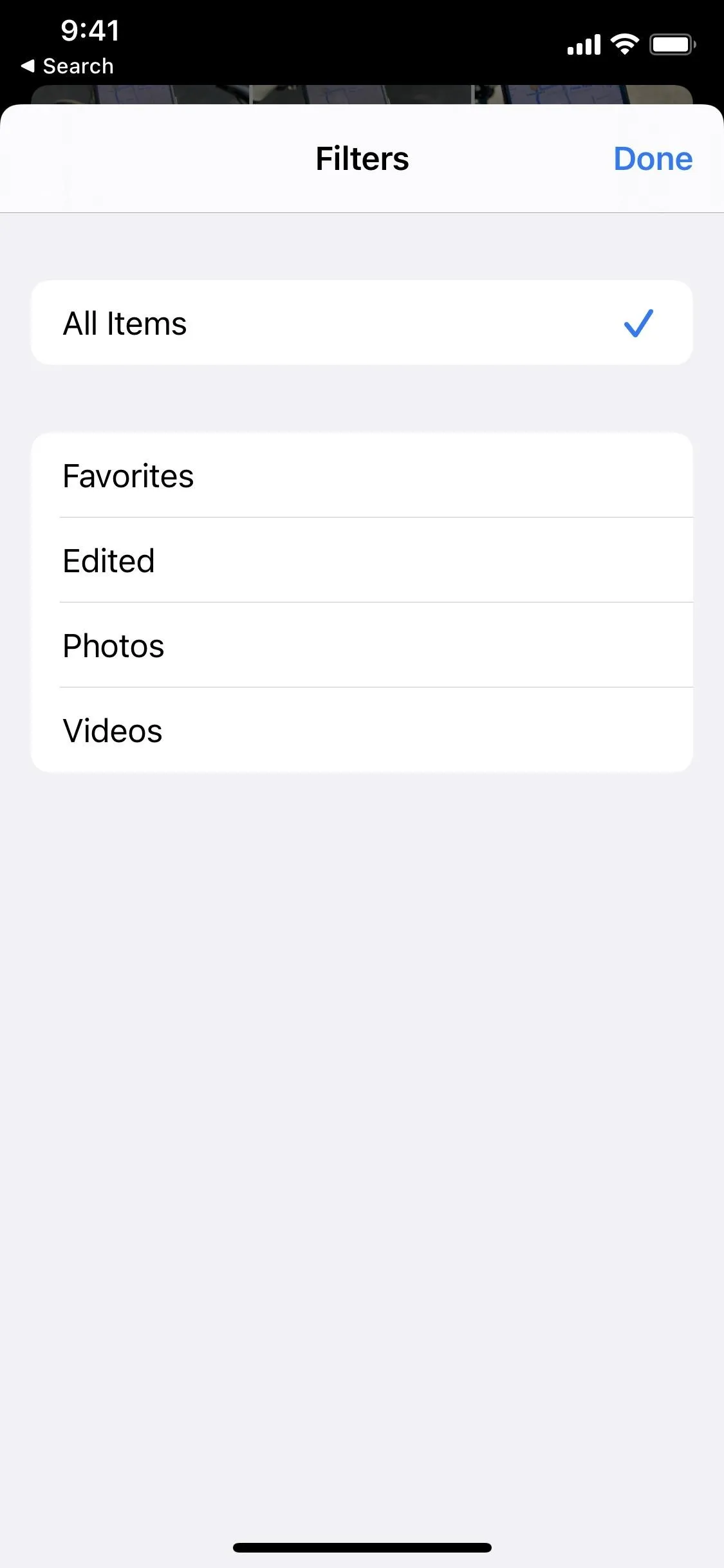 Filters menu options on a mobile app.