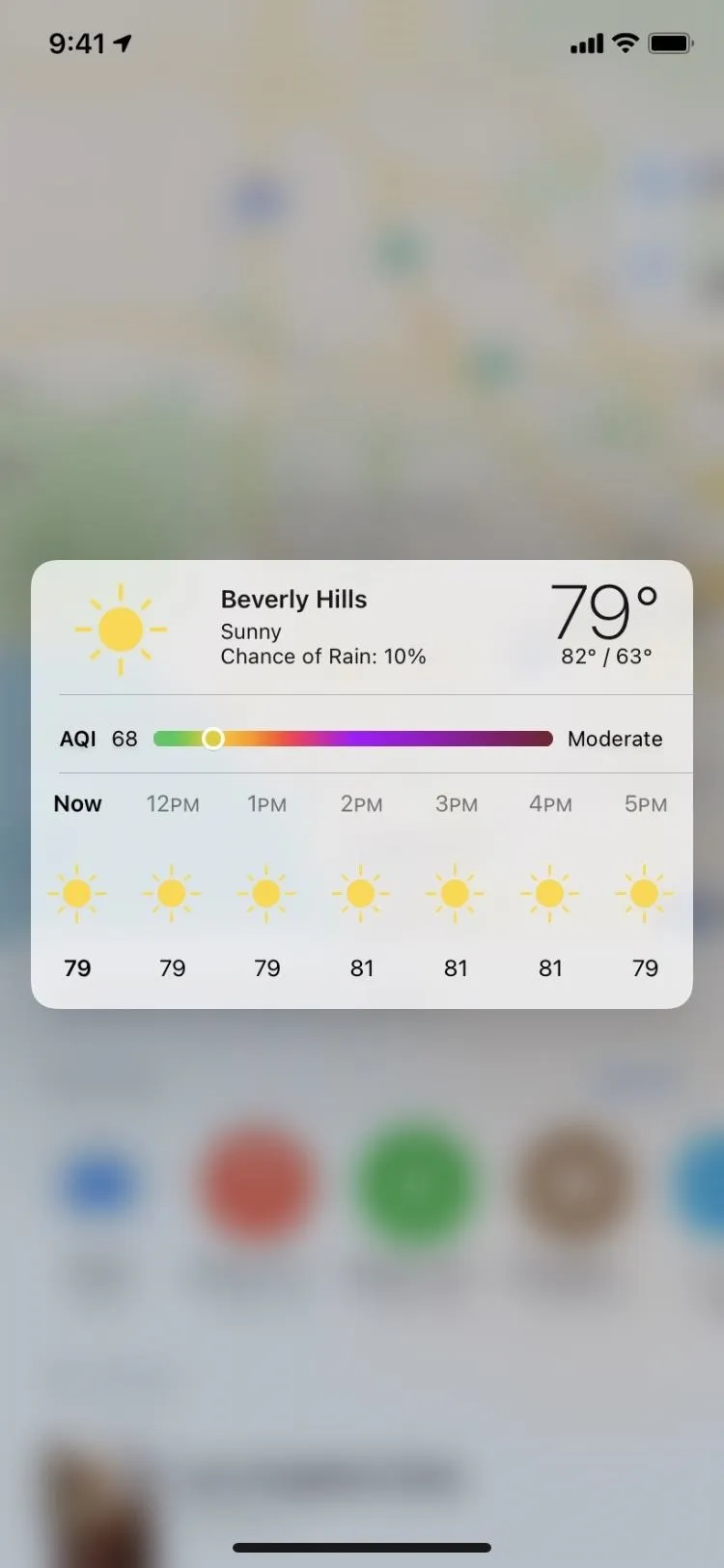 Weather forecast displaying sunny conditions and temperatures in Fahrenheit.