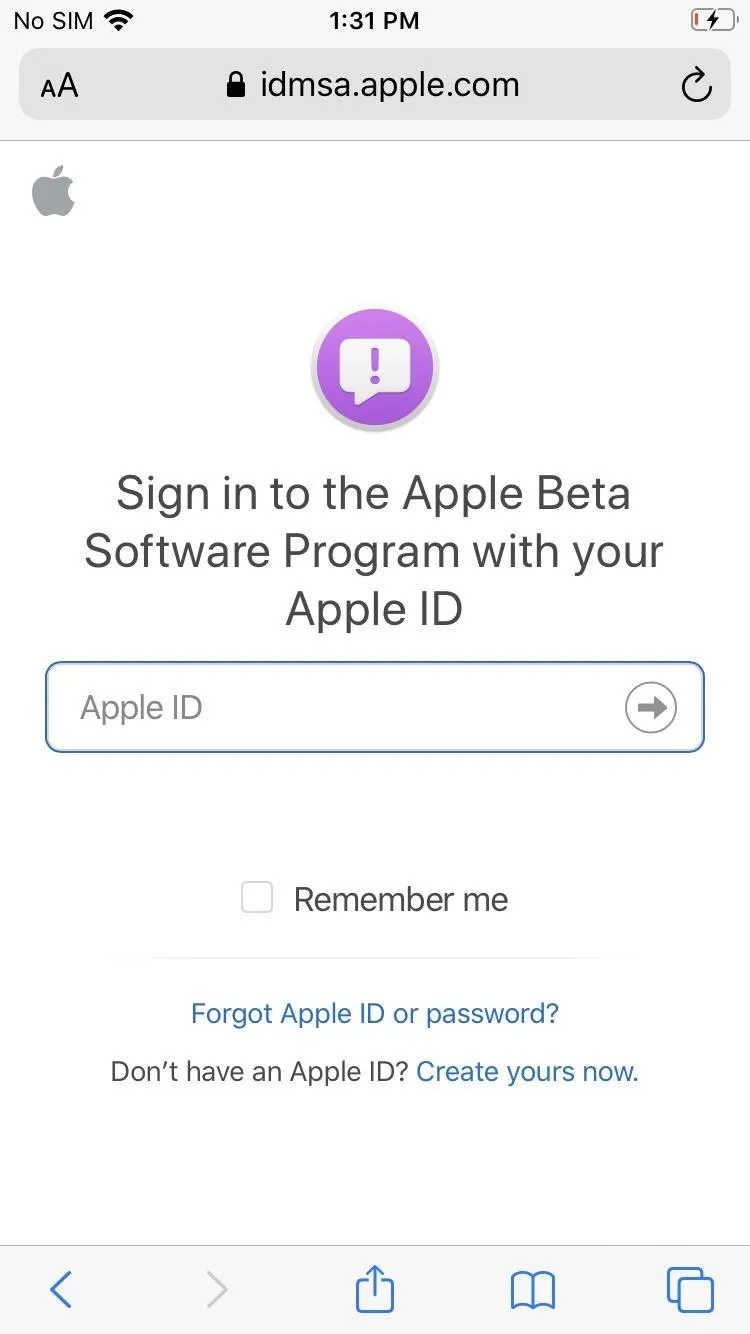 Sign-in screen for Apple Beta Software Program.