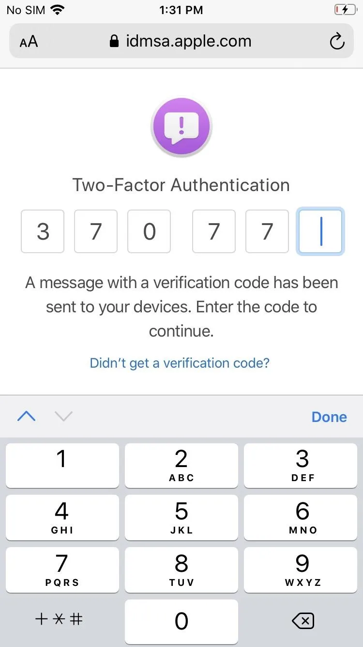 Two-Factor Authentication verification screen with code entry.