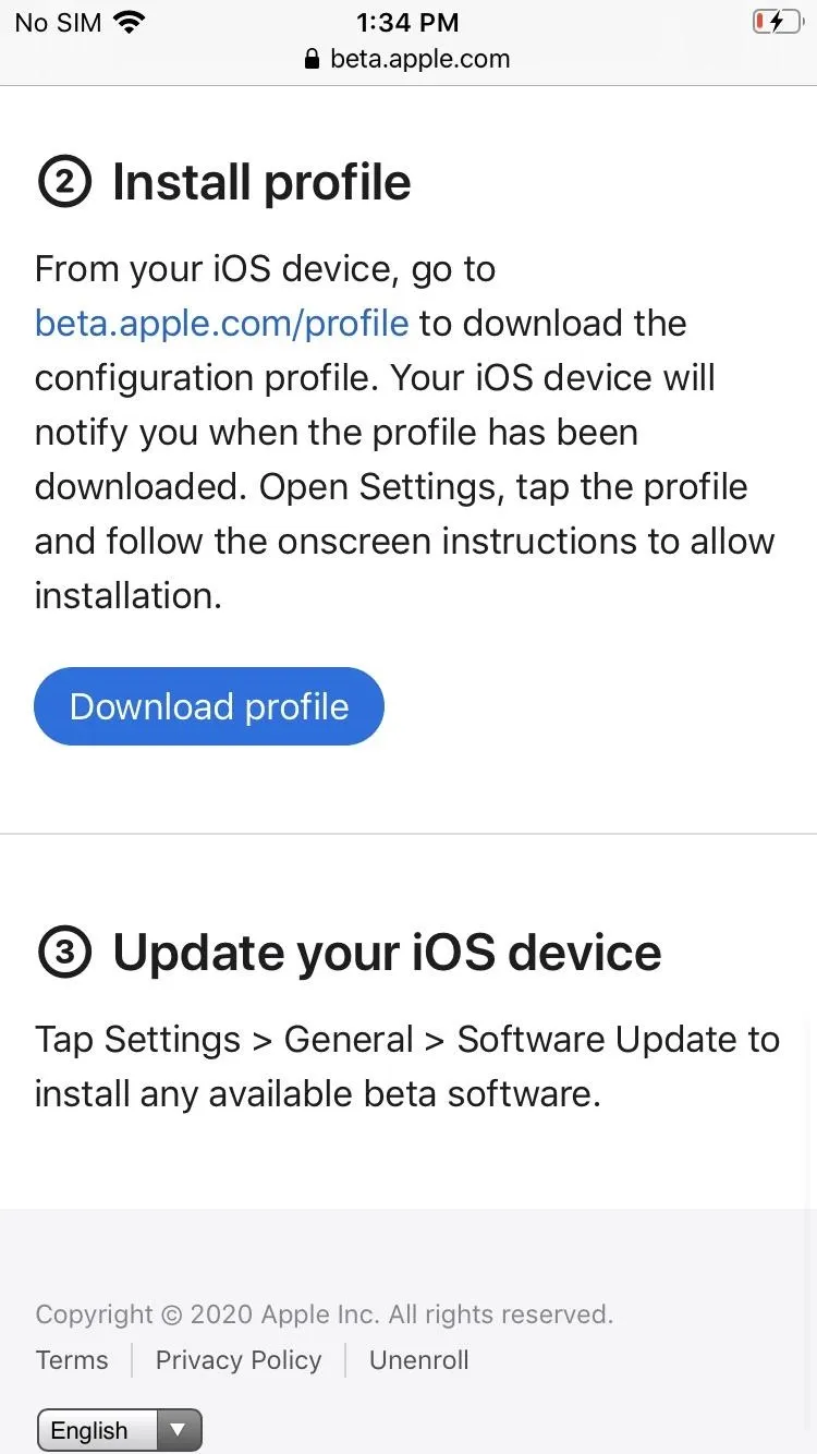 Instructions for downloading and installing a configuration profile on an iOS device.