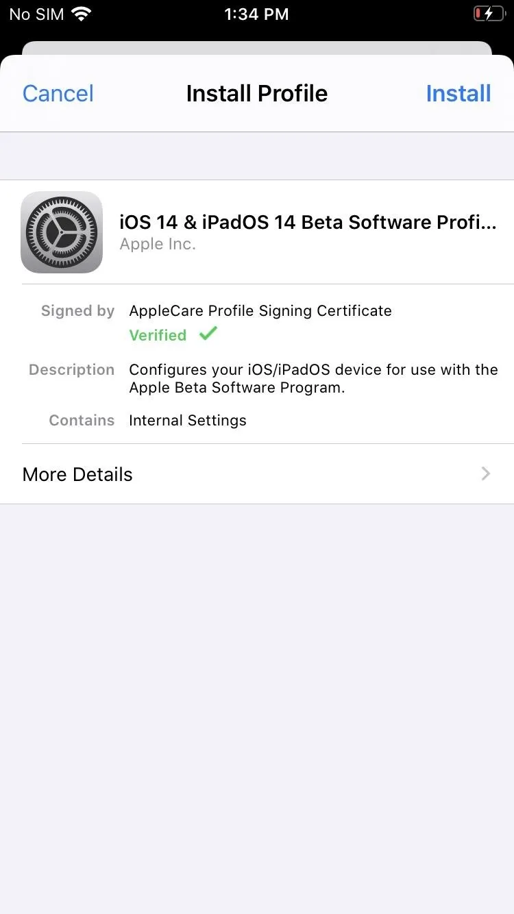 iOS beta software installation profile on a mobile device.