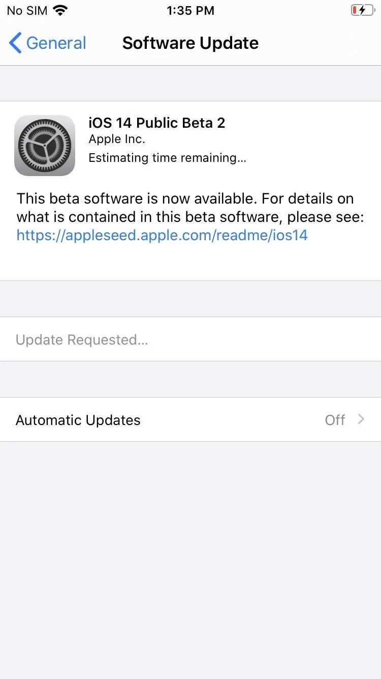 Software update screen for iOS with progress indicator.