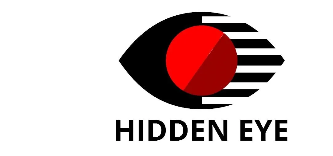 Hidden Eye logo featuring an eye with a red circle on a striped background.