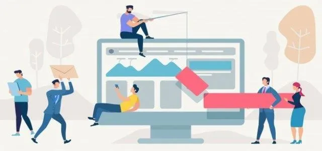 Illustration of people interacting with a large computer screen, featuring activities like fishing, delivering messages, and collaborating on a website.