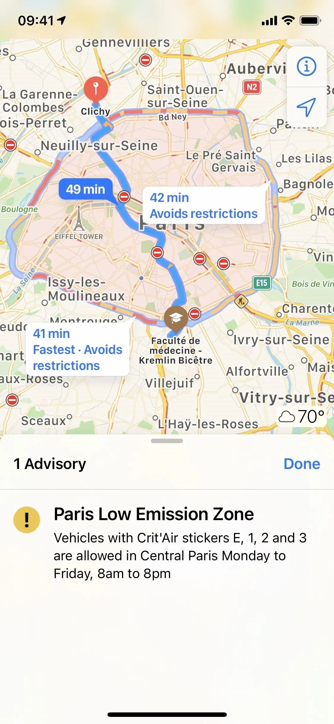 Map showing the route to a low emission zone in Spain.