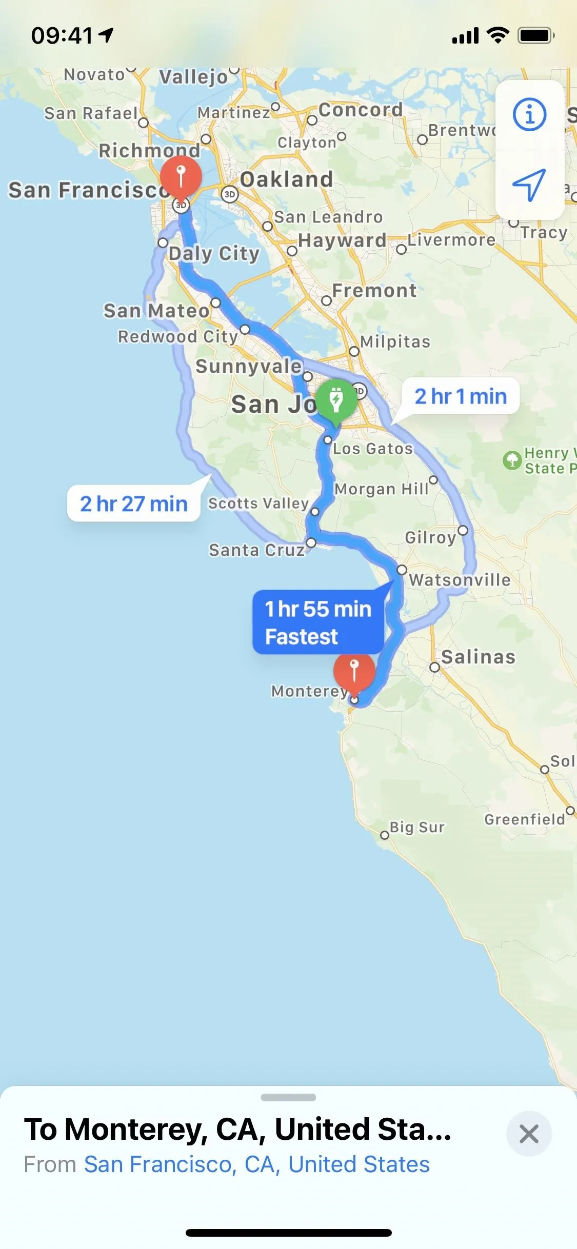 Map showing route from San Francisco, CA to Monterey, CA.