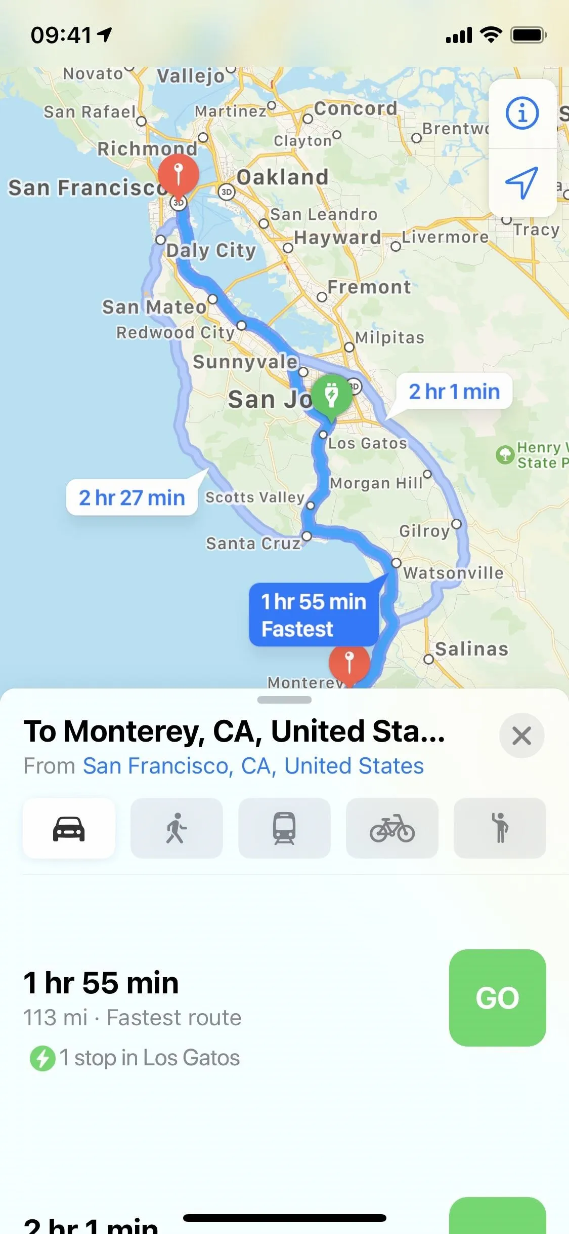 Map route from San Francisco to Monterey, California, displayed on a mobile device.