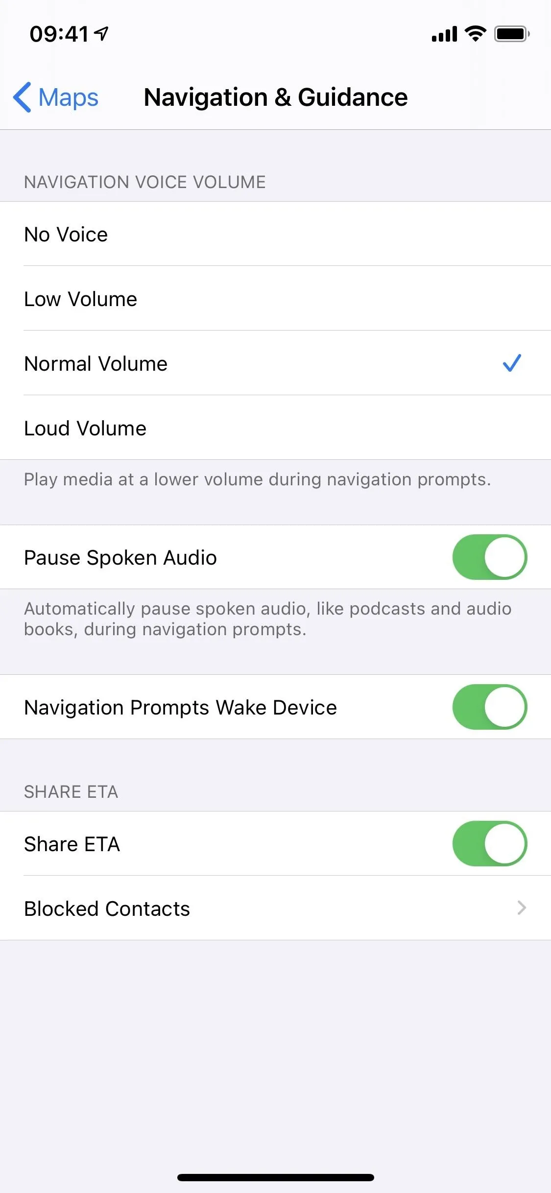 Navigation and Guidance settings on a smartphone.