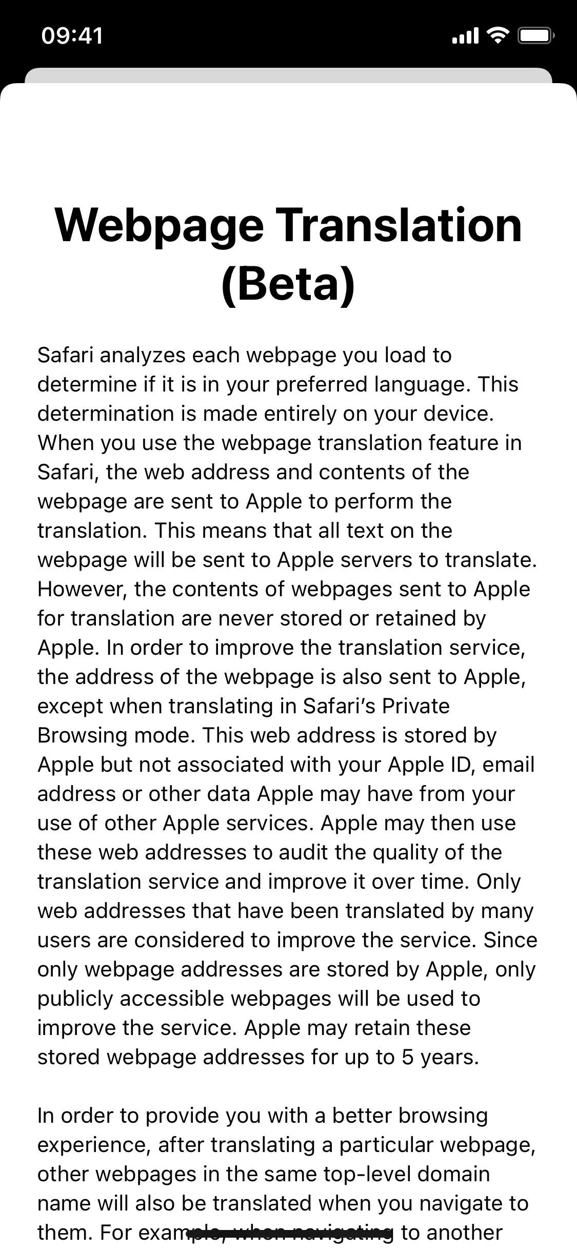 Webpage translation feature on a mobile device