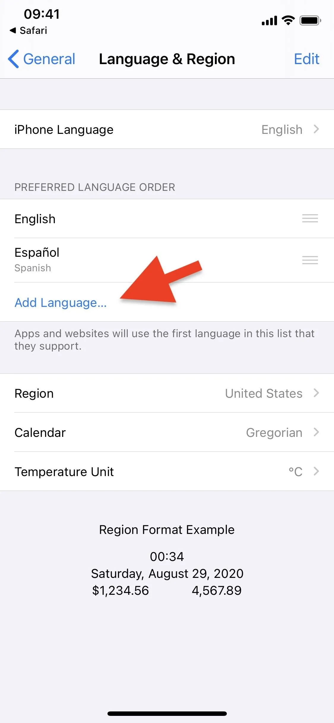 Settings screen showing language and region options on a mobile device, with a highlighted arrow pointing to the "Add Language" option.