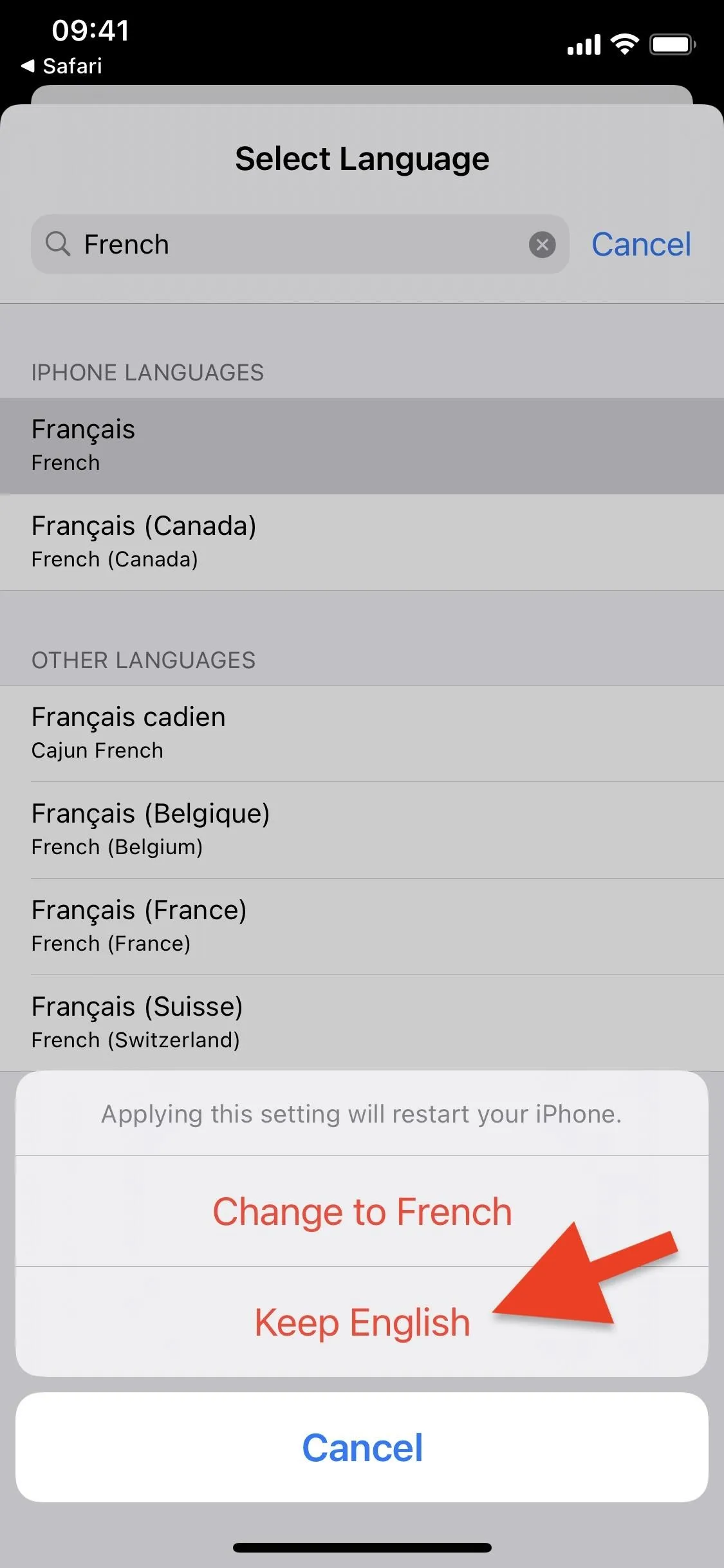 Language selection screen on a mobile device with an option to select English highlighted.