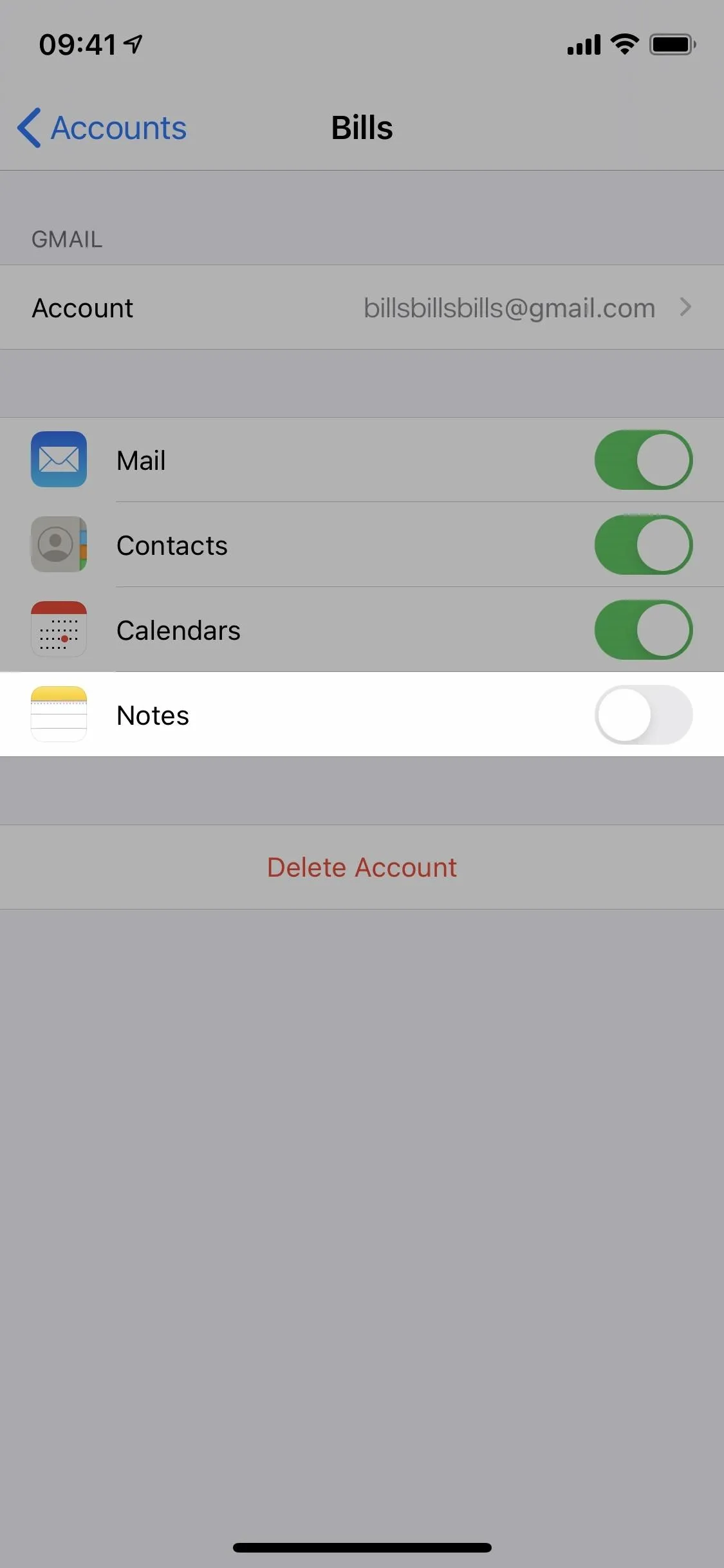 Settings menu showing toggles for Mail, Messages, and Calendars on a mobile device.