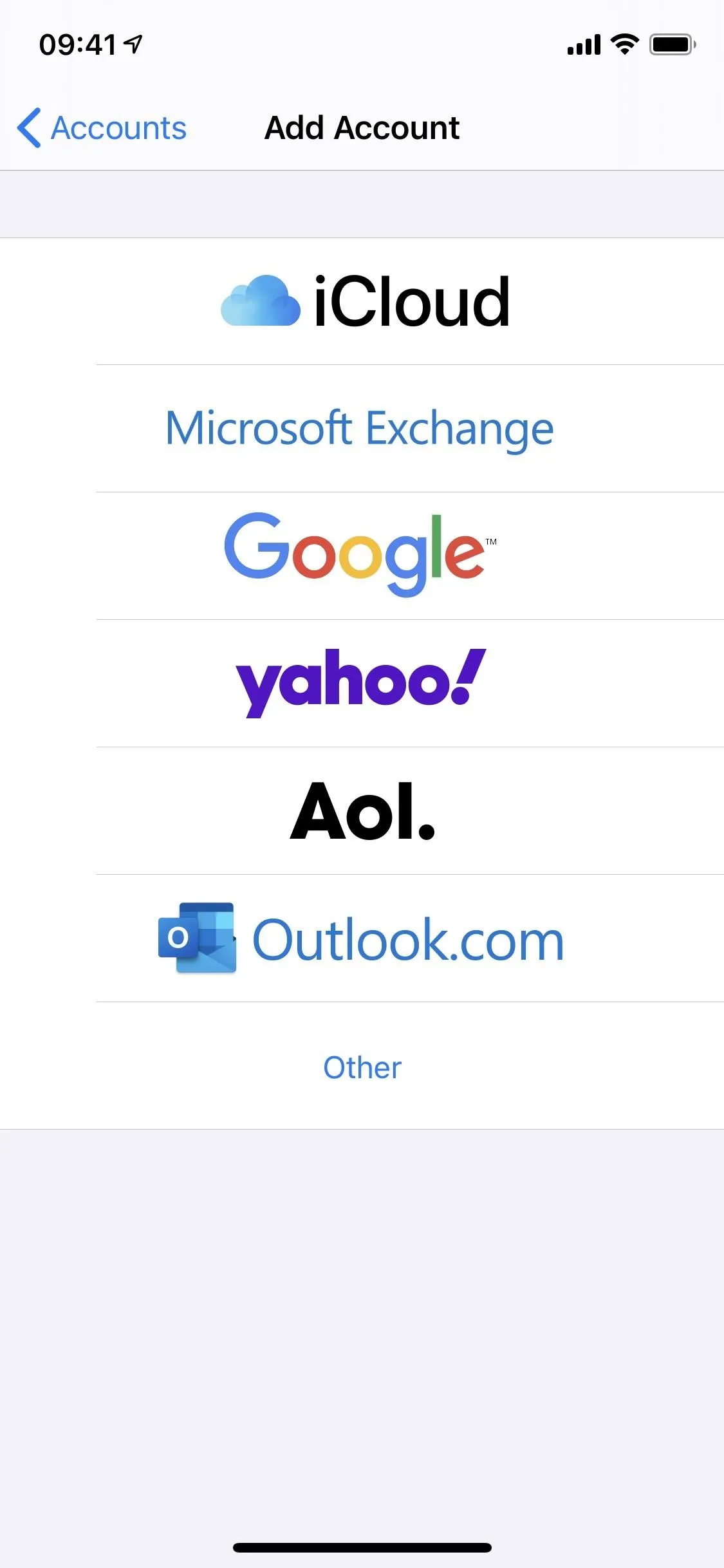 Add account options for email services including iCloud, Microsoft Exchange, Google, Yahoo, and AOL.