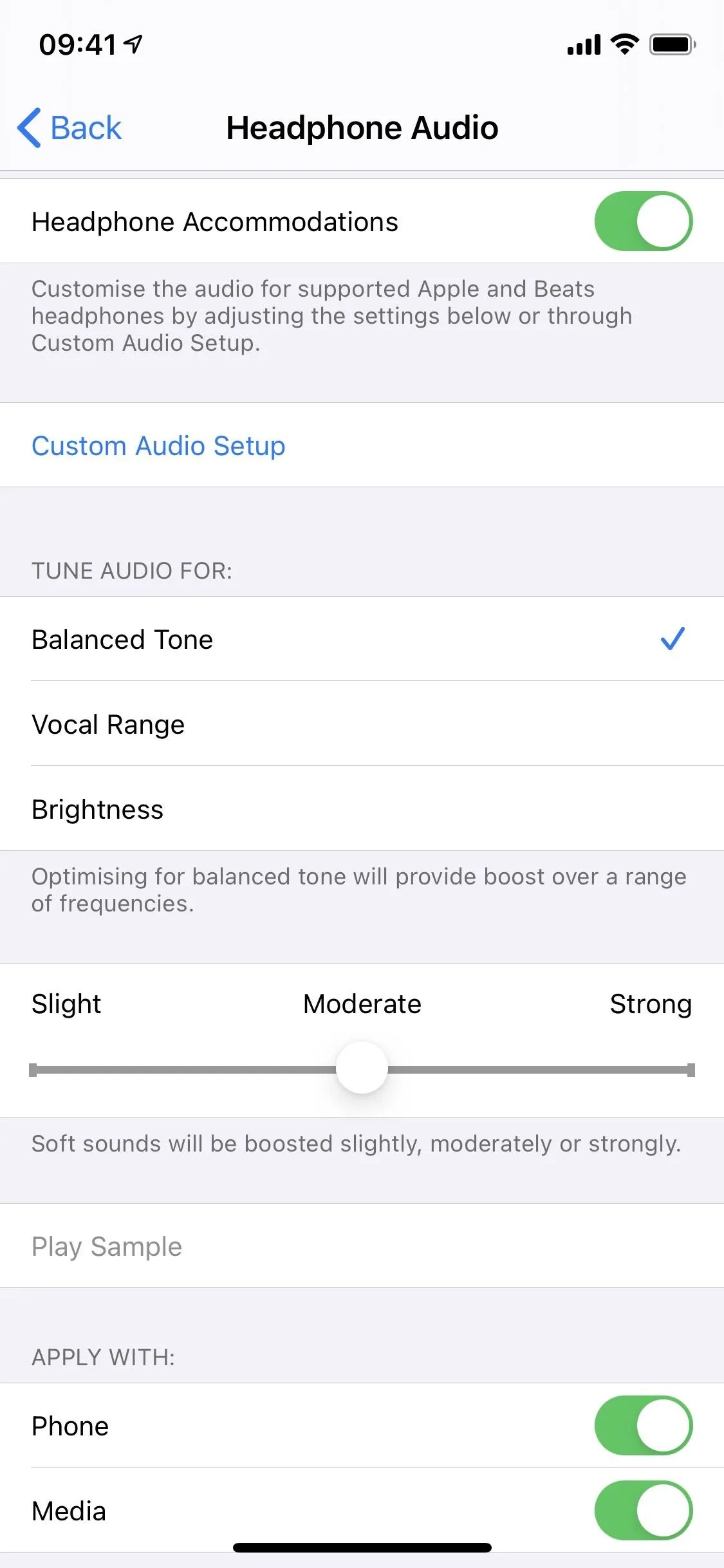 Headphone audio settings on a smartphone.