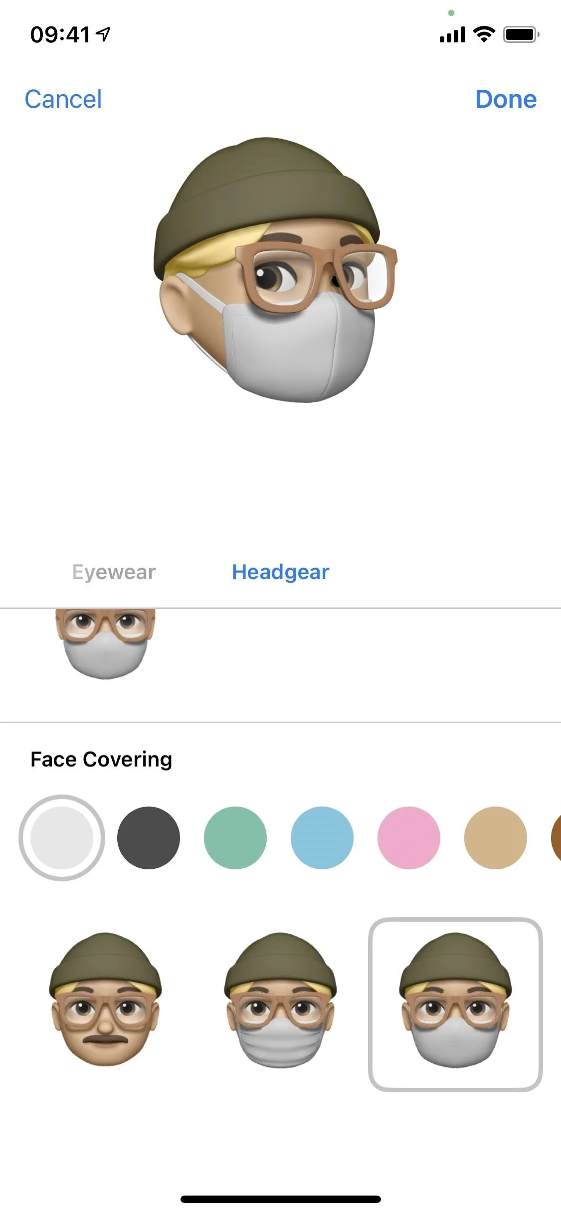 Avatar with glasses, a mask, and a cap, displayed in various color options.