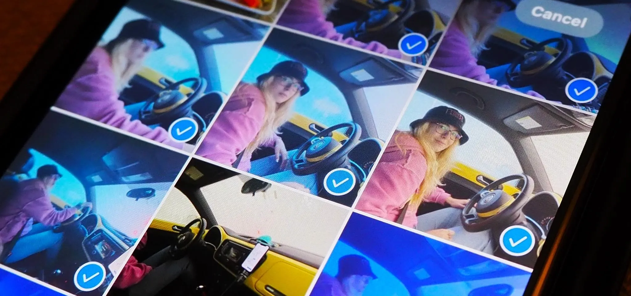 A grid of photos displayed on a smartphone screen, featuring close-up shots of a woman inside a car.