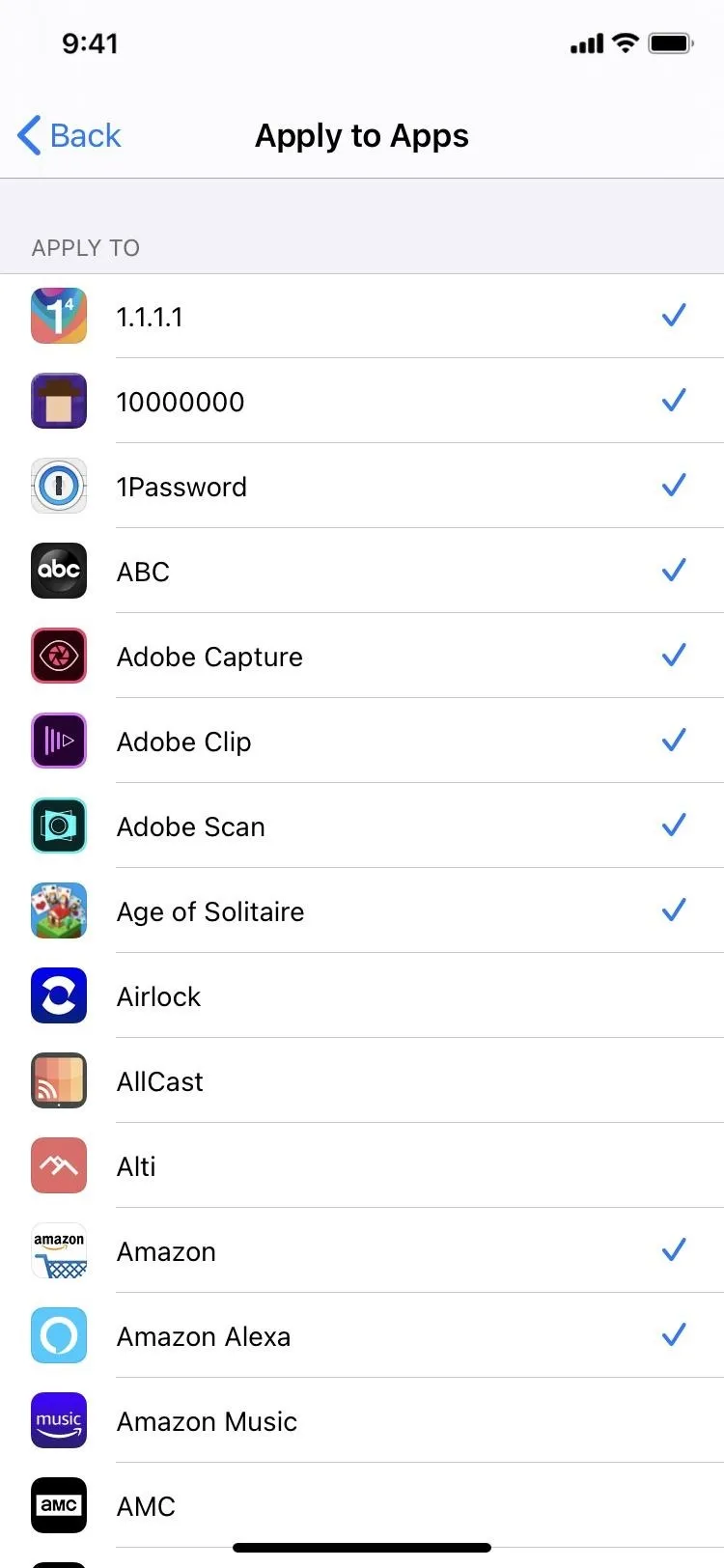 List of apps on a mobile device with checkmarks indicating installed applications.