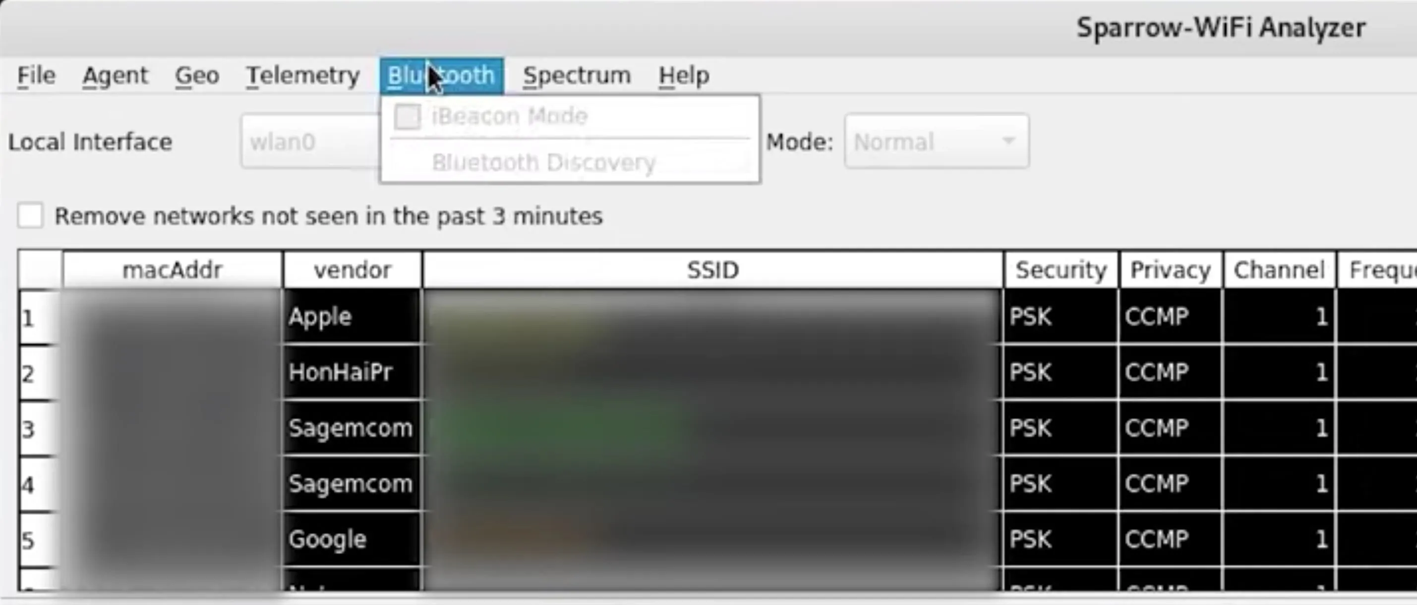 Sparrow Wi-Fi Analyzer interface showing network scan results with MAC addresses and vendor information.